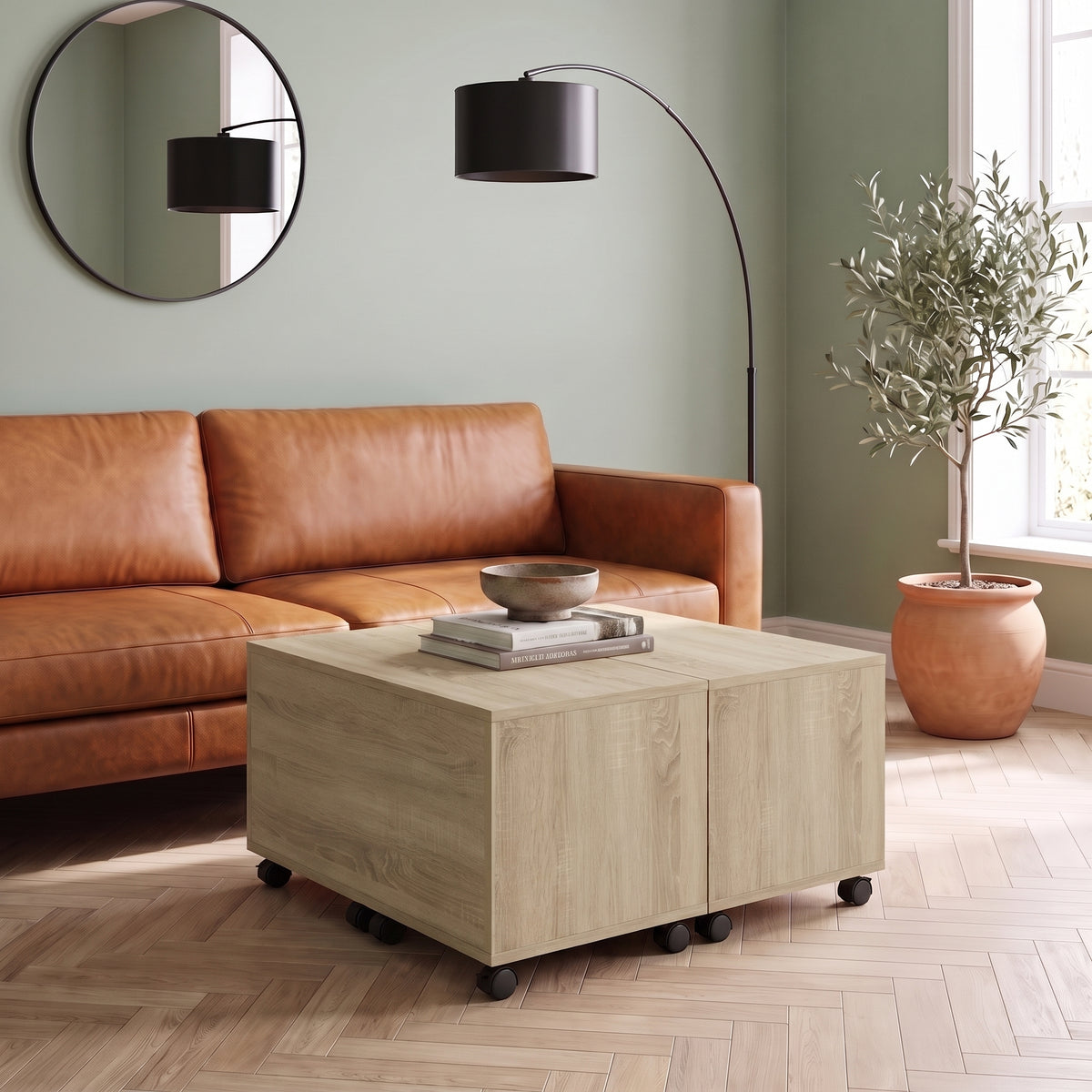 Table sur roulettes Bruma, chêne sonoma, dans un salon en journée #Couleur_Chêne sonoma