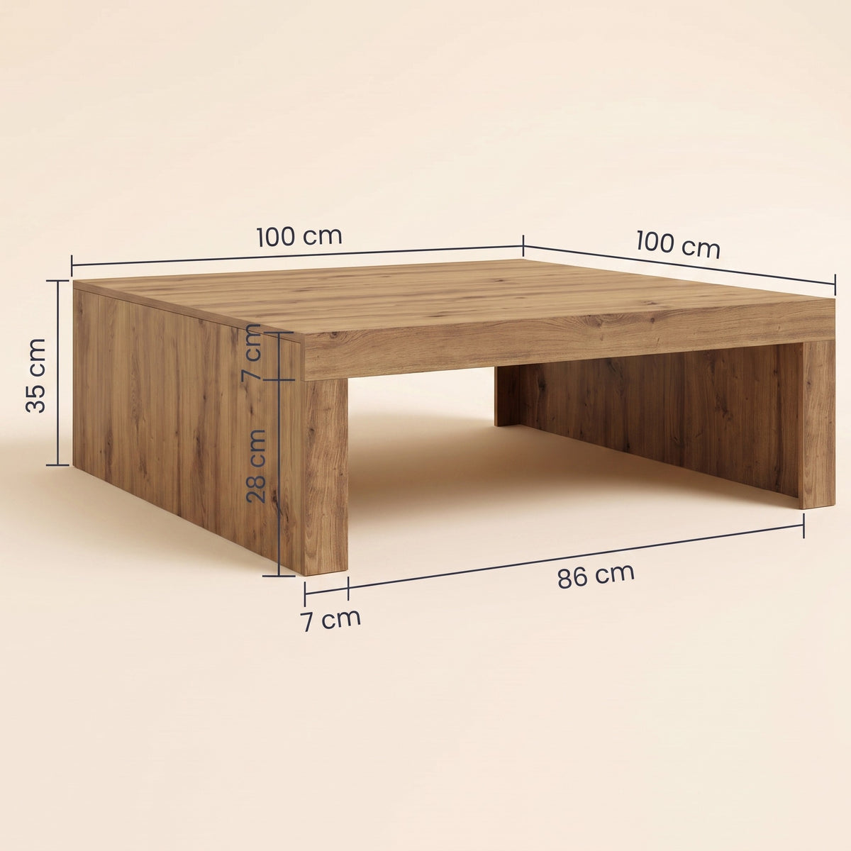 Table basse en bois Carmo, chêne artisanal – dimensions 100 × 100 × 35 cm #Couleur_Chêne artisanal