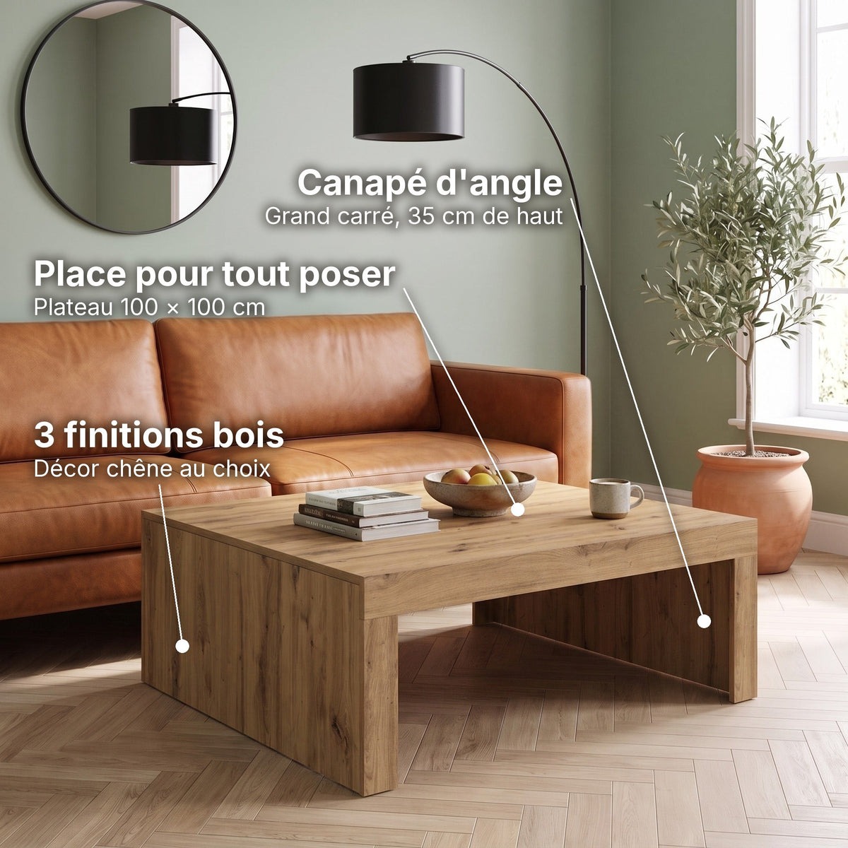 Table basse carrée décor bois 100x100 Carmo chêne artisanal : place pour tout poser (Plateau 100 × 100 cm), canapé d'angle (Grand carré, 35 cm de haut), 3 finitions bois (Décor chêne au choix) #Couleur_Chêne artisanal