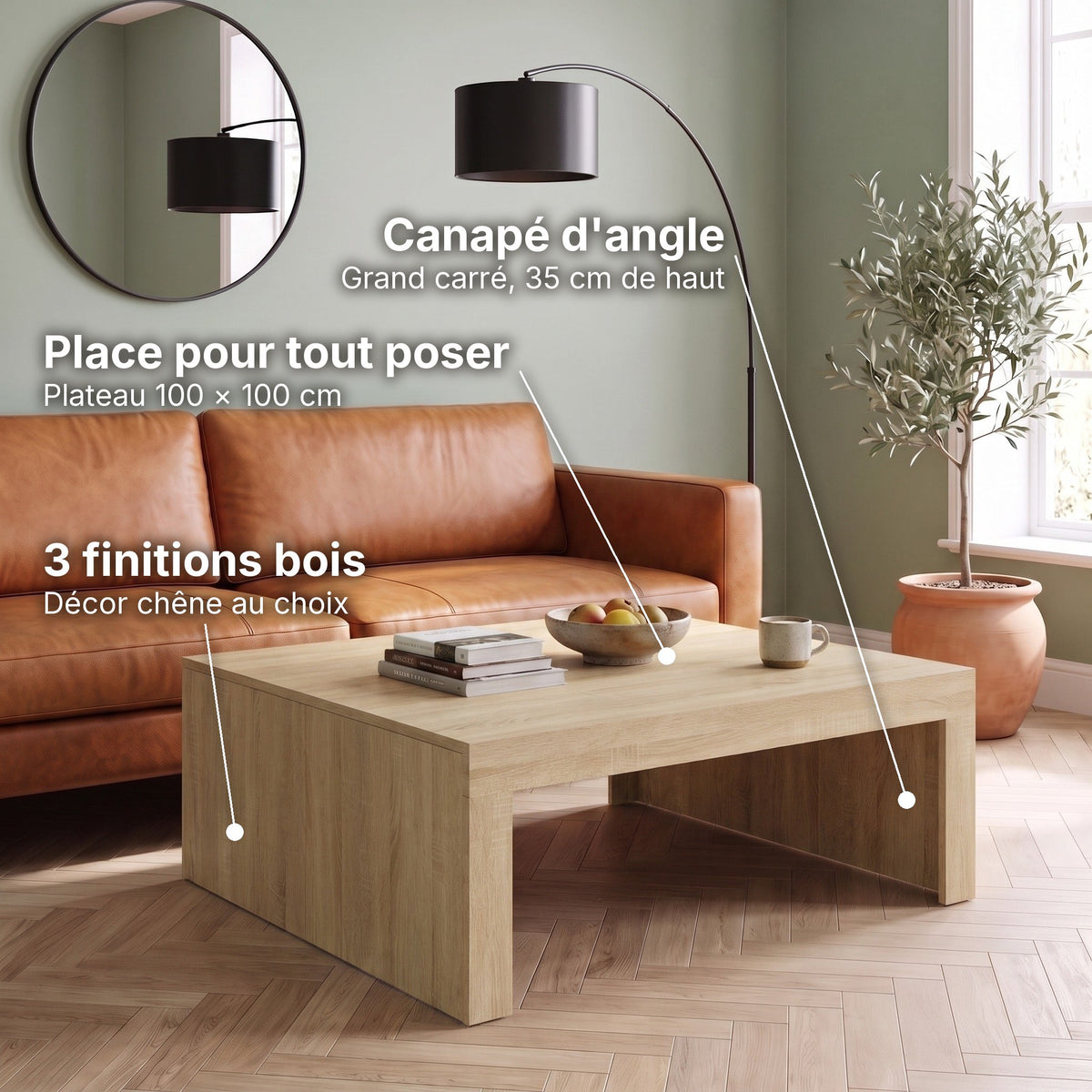 Table basse carrée décor bois 100x100 Carmo chêne sonoma : place pour tout poser (Plateau 100 × 100 cm), canapé d'angle (Grand carré, 35 cm de haut), 3 finitions bois (Décor chêne au choix) #Couleur_Chêne sonoma