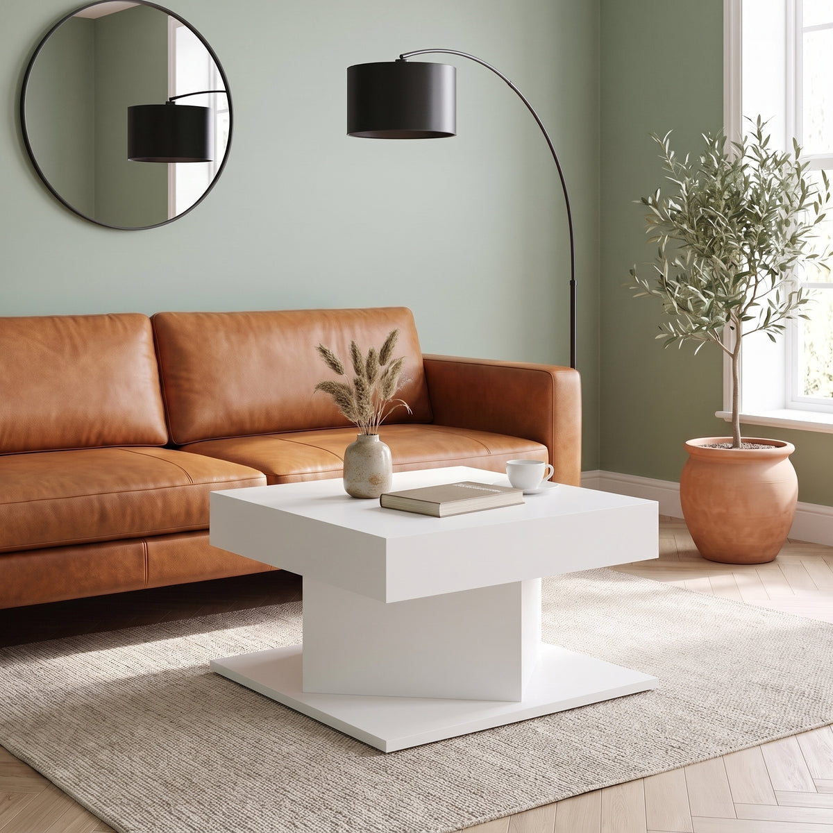 Table Dado blanc en bout de canapé dans un salon lumineux #Couleur_Blanc