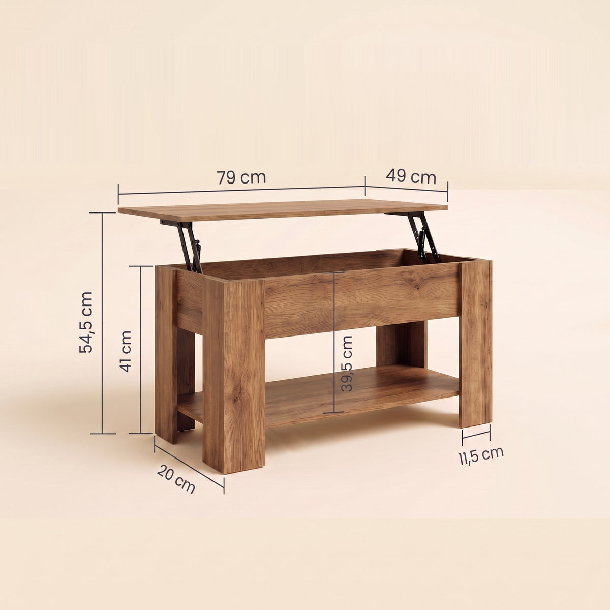 Dimensions de la table Aveline 79 × 49 cm : hauteur 41 cm, plateau relevé 54,5 cm #Dimensions_79 × 49 × 41 cm #Couleur_Chêne artisanal