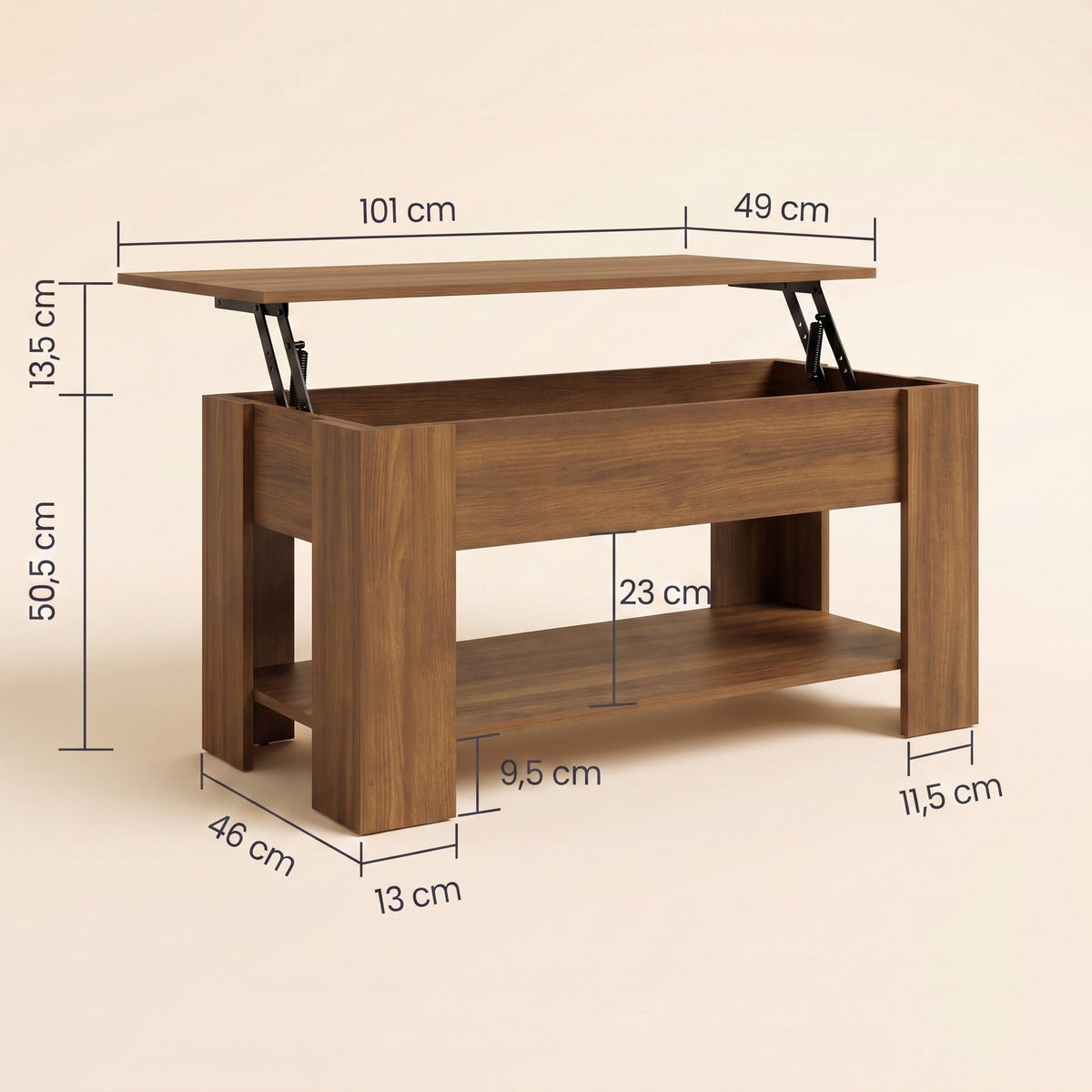 Dimensions de la table Aveline 101 × 49 cm : hauteur 50,5 cm, plateau relevable + 13,5 cm #Dimensions_101 × 49 × 52 cm #Couleur_Chêne marron