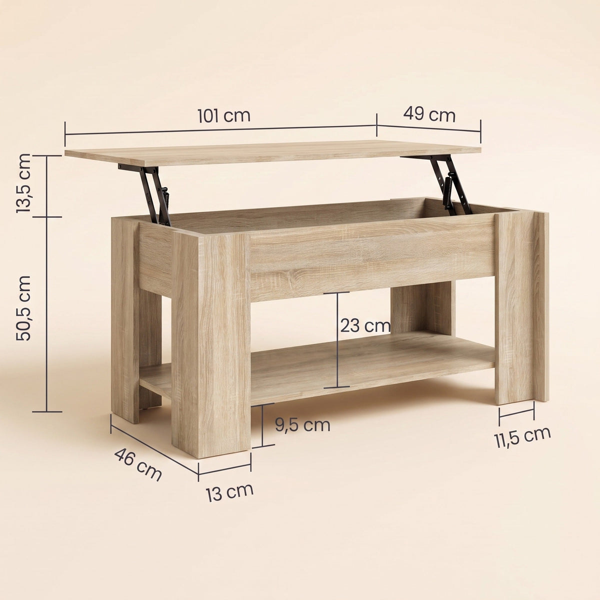 Dimensions de la table Aveline 101 × 49 cm : hauteur 50,5 cm, plateau relevable + 13,5 cm #Dimensions_101 × 49 × 52 cm #Couleur_Chêne Sonoma