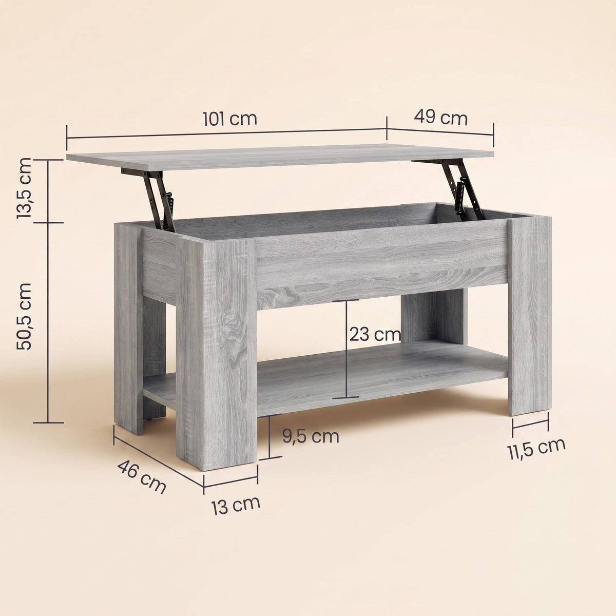 Dimensions de la table Aveline 101 × 49 cm : hauteur 50,5 cm, plateau relevable + 13,5 cm #Dimensions_101 × 49 × 52 cm #Couleur_Sonoma gris