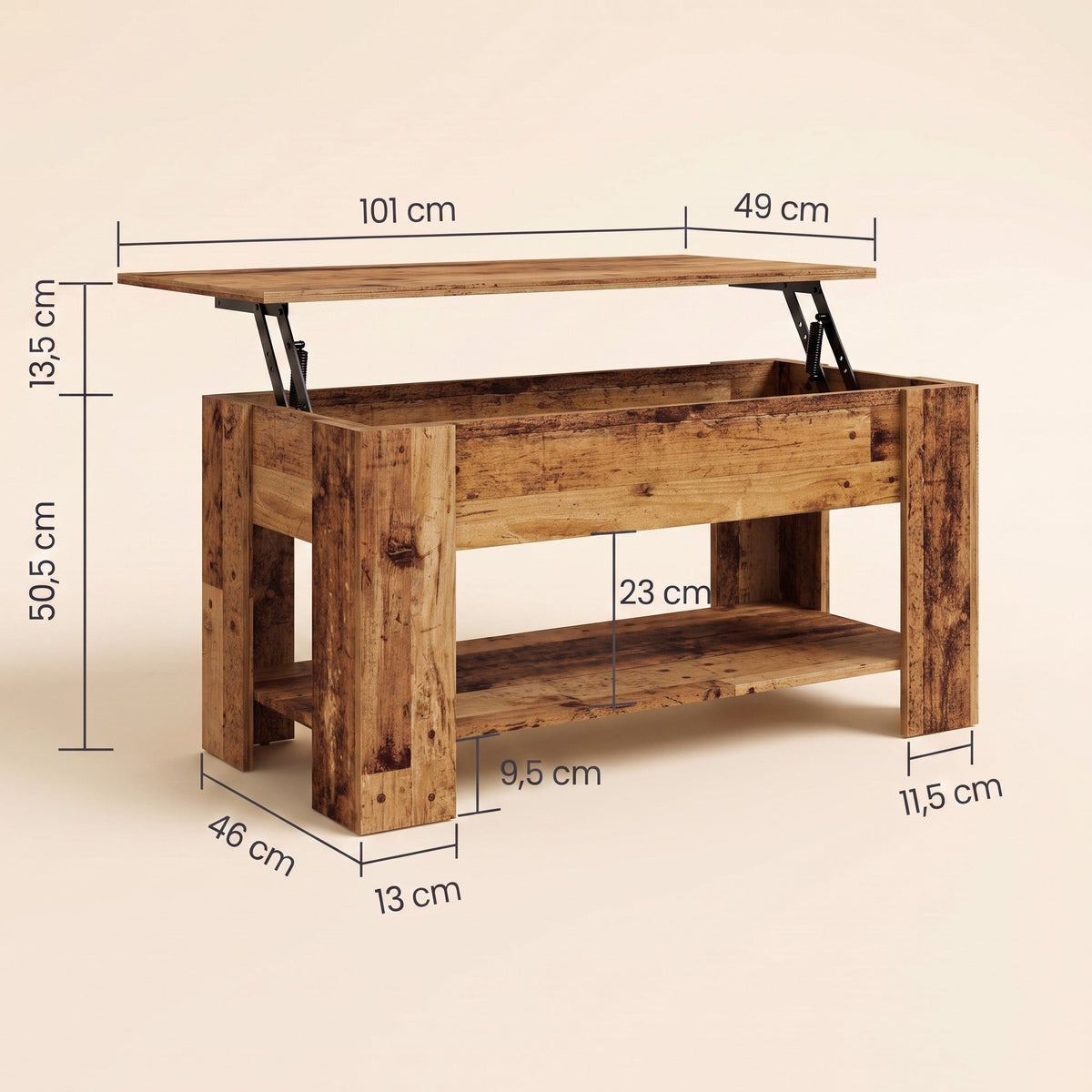 Dimensions de la table Aveline 101 × 49 cm : hauteur 50,5 cm, plateau relevable + 13,5 cm #Dimensions_101 × 49 × 52 cm #Couleur_Vieux bois