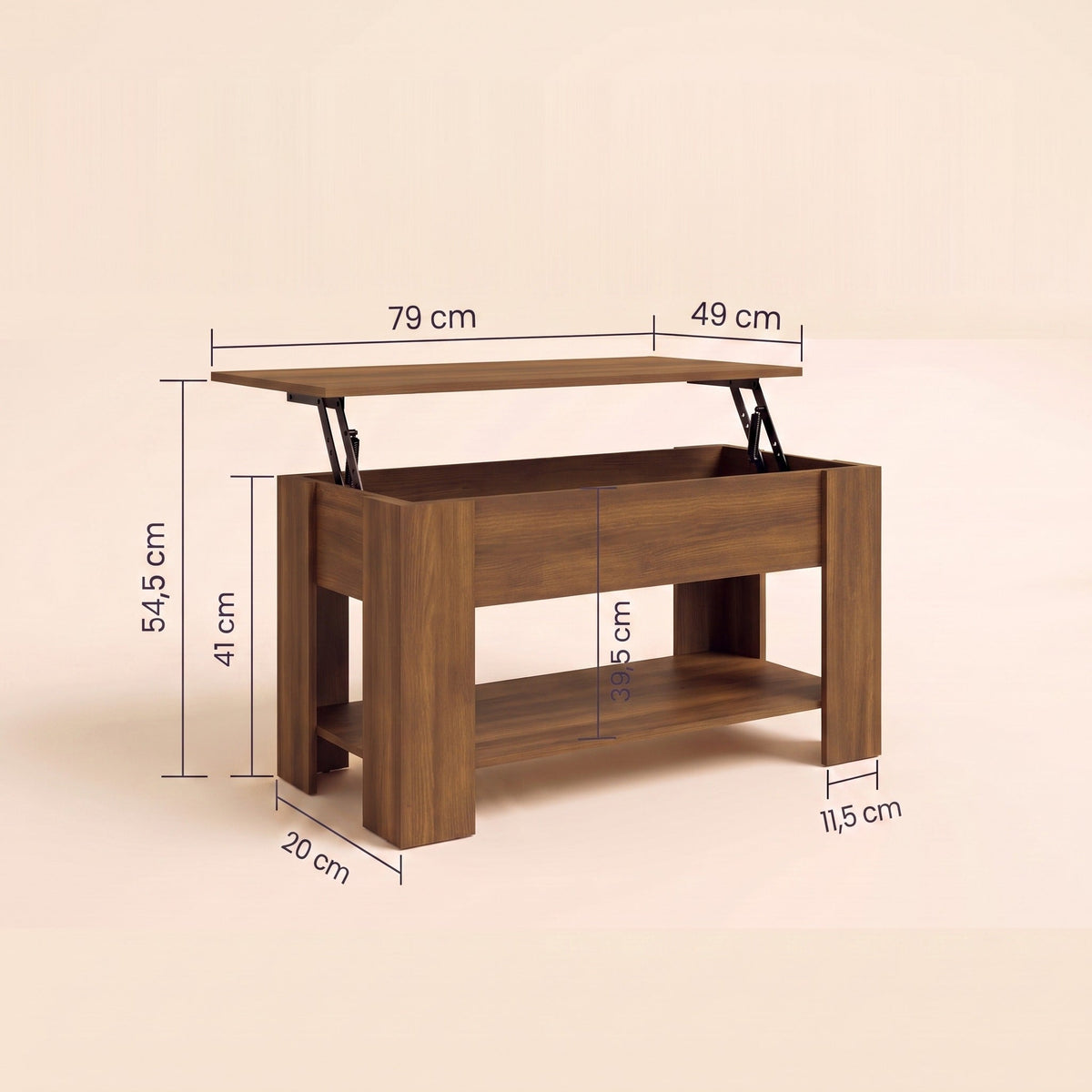 Dimensions de la table Aveline 79 × 49 cm : hauteur 41 cm, plateau relevé 54,5 cm #Dimensions_79 × 49 × 41 cm #Couleur_Chêne marron
