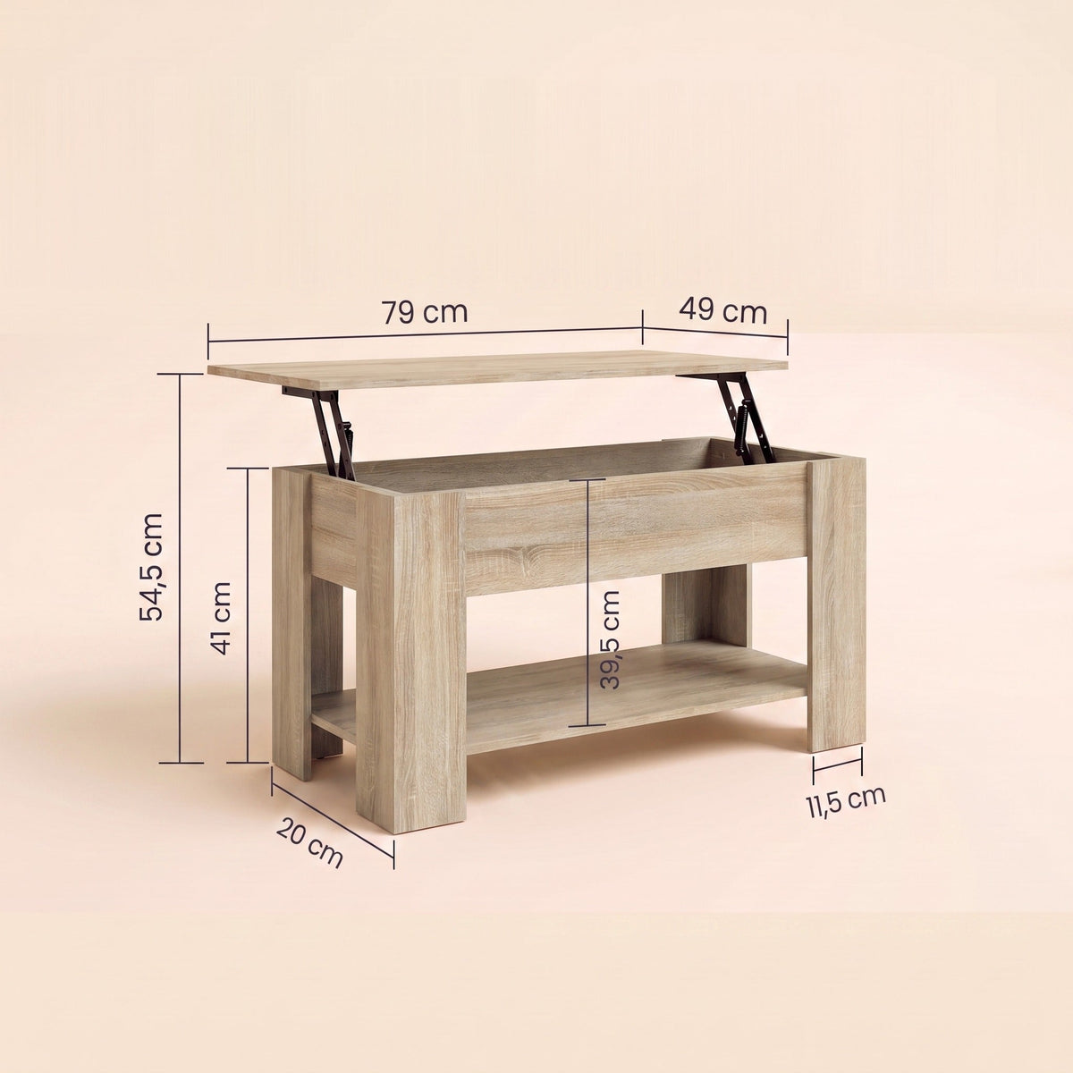 Dimensions de la table Aveline 79 × 49 cm : hauteur 41 cm, plateau relevé 54,5 cm #Dimensions_79 × 49 × 41 cm #Couleur_Chêne Sonoma