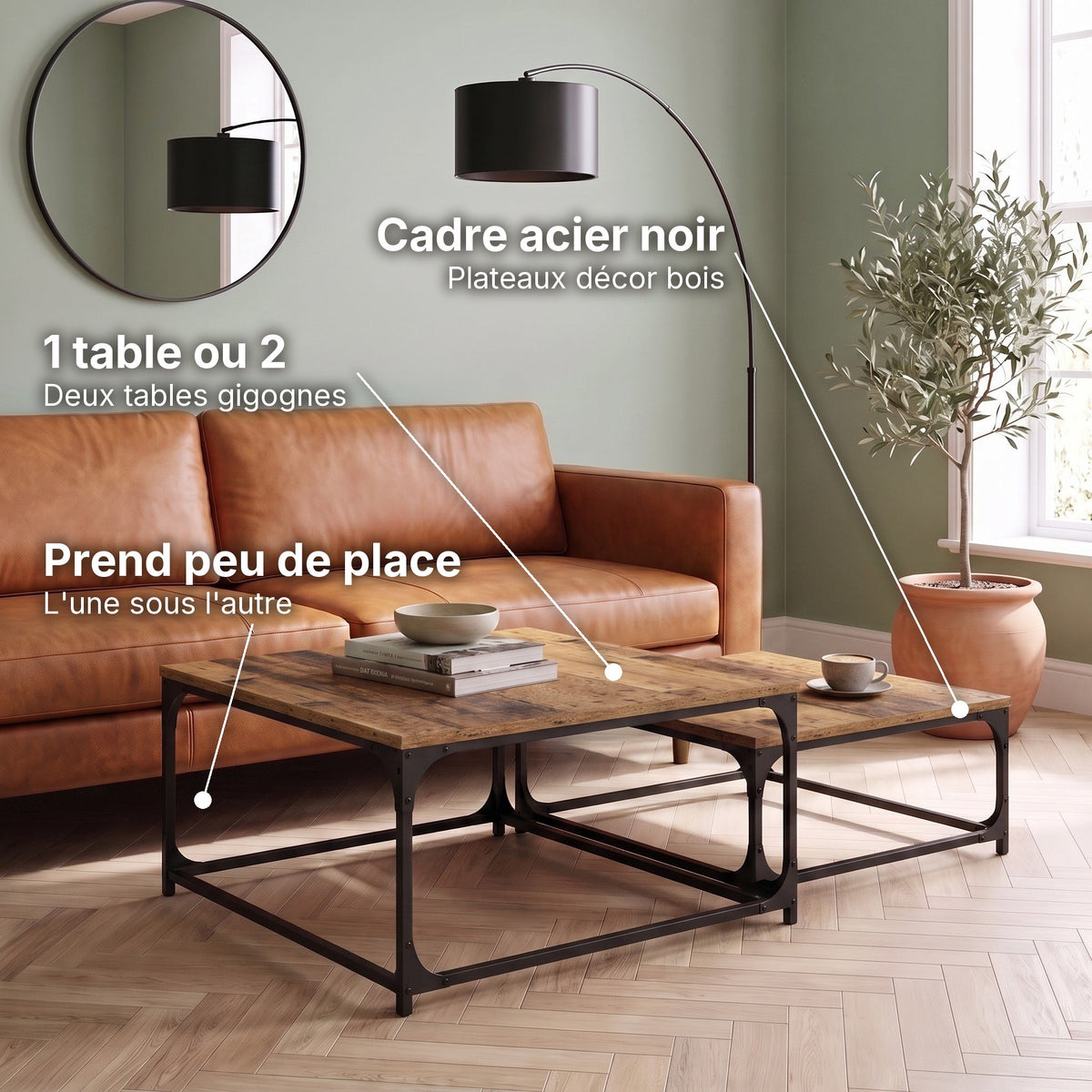 Tables basses gigognes carrées décor bois Duetta vieux bois : 1 table ou 2 (Deux tables gigognes), cadre acier noir (Plateaux décor bois), prend peu de place (L'une sous l'autre) #Couleur_Vieux bois