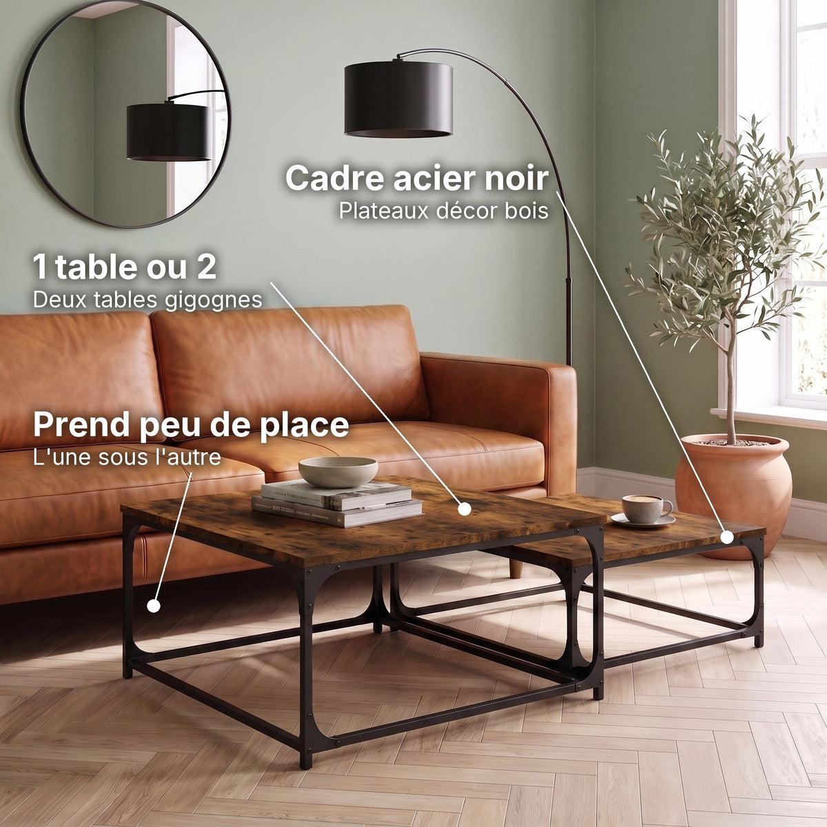 Tables basses gigognes carrées décor bois Duetta chêne fumé : 1 table ou 2 (Deux tables gigognes), cadre acier noir (Plateaux décor bois), prend peu de place (L'une sous l'autre) #Couleur_Chêne fumé