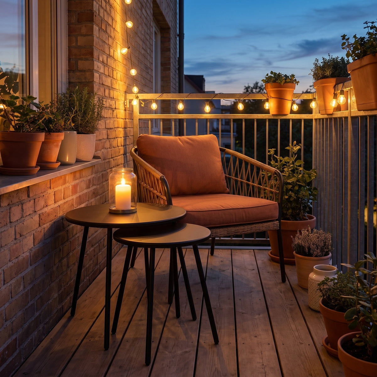 Tables Duna sur un balcon au crépuscule — Maison Rovena