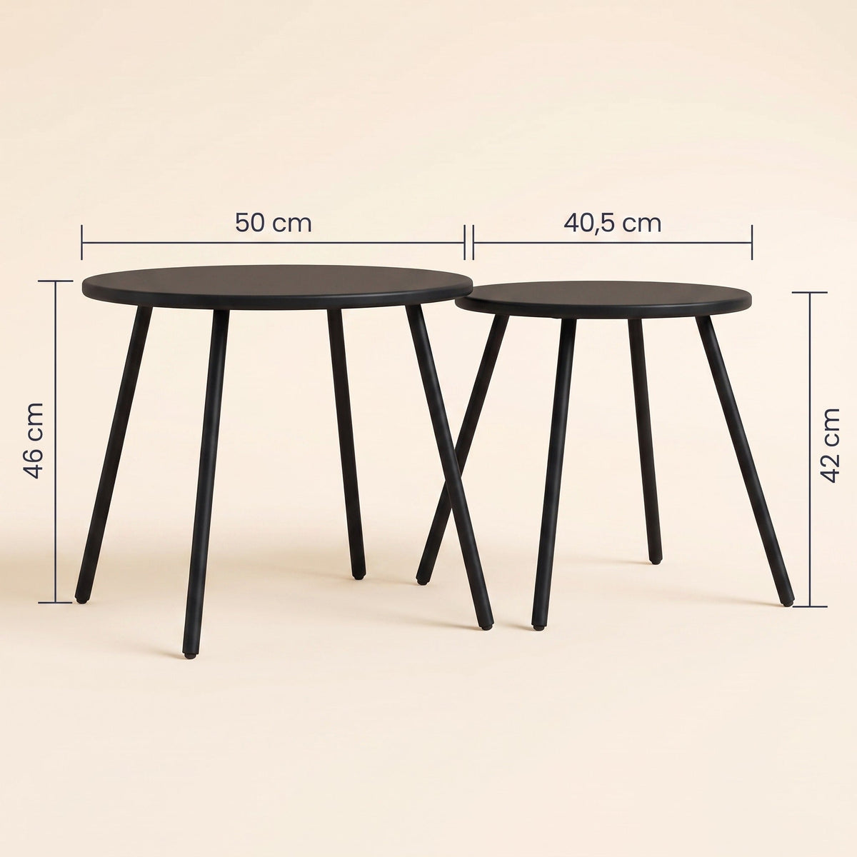 Dimensions des tables Duna : Ø 50 × 46 cm et Ø 40,5 × 42 cm