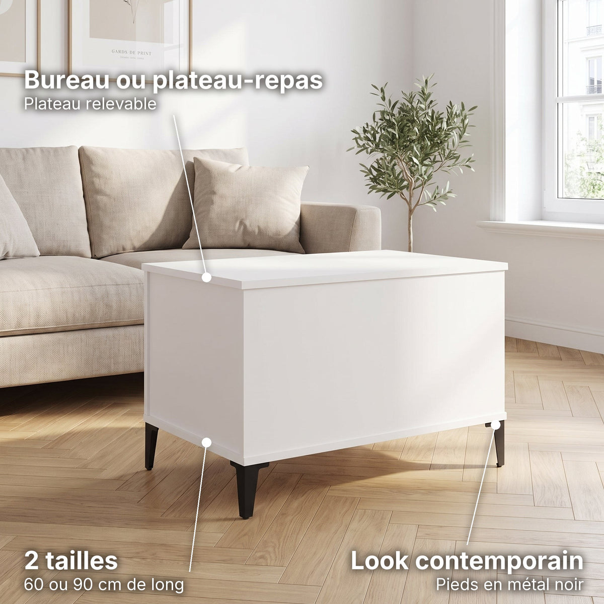 Petite table basse relevable pieds métal Elva 60 × 44,5 × 45 cm , blanc : bureau ou plateau-repas (Plateau relevable), look contemporain (Pieds en métal noir), 2 tailles (60 ou 90 cm de long) #Dimensions_60 × 44,5 × 45 cm #Couleur_Blanc