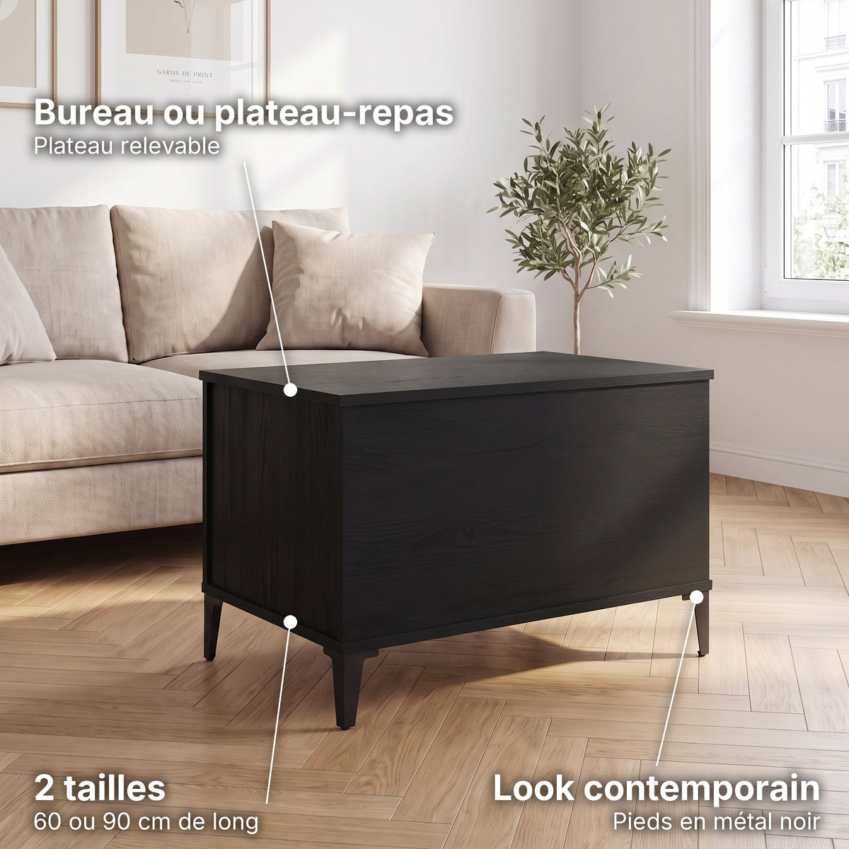 Petite table basse relevable pieds métal Elva 60 × 44,5 × 45 cm , noir : bureau ou plateau-repas (Plateau relevable), look contemporain (Pieds en métal noir), 2 tailles (60 ou 90 cm de long) #Dimensions_60 × 44,5 × 45 cm #Couleur_Noir
