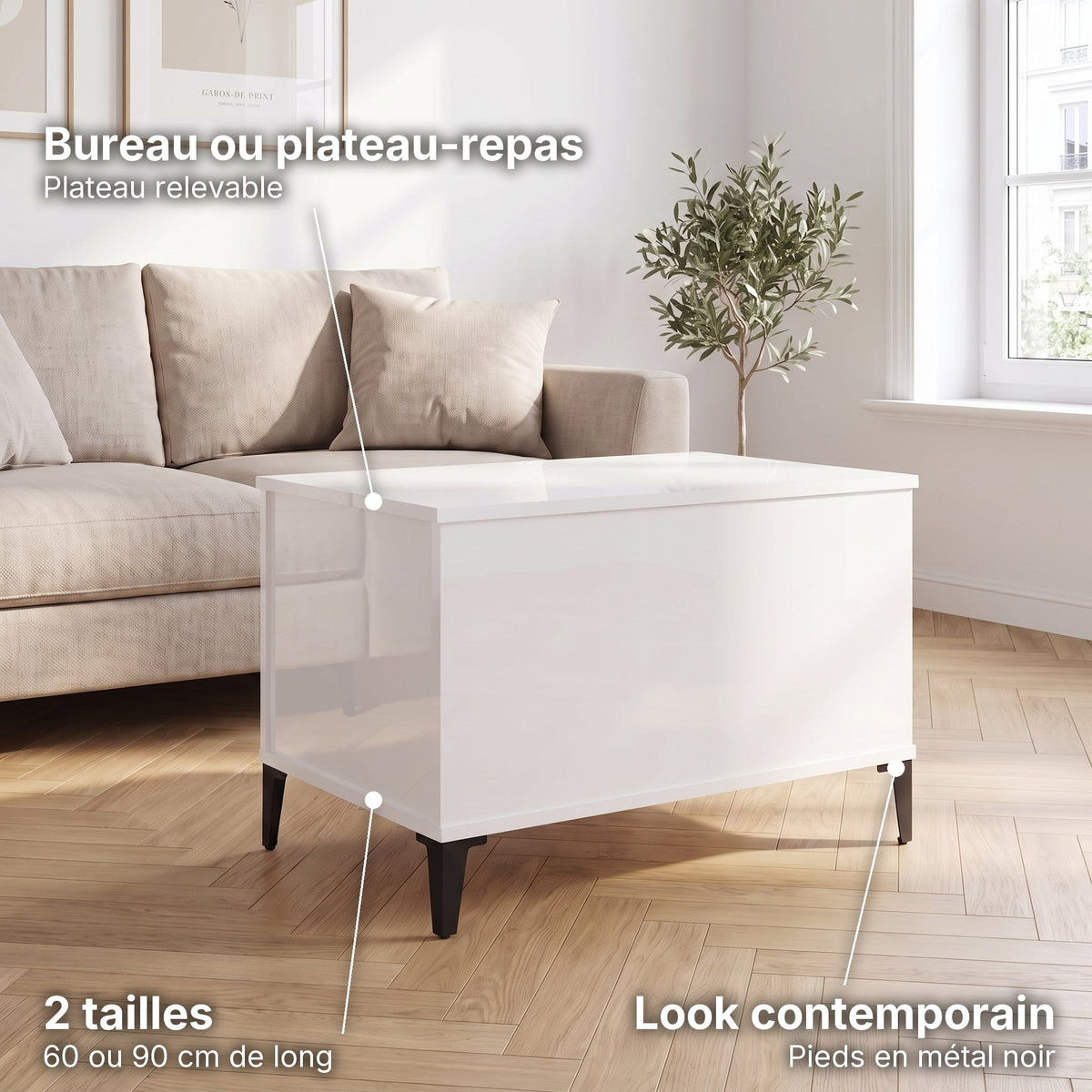 Petite table basse relevable pieds métal Elva 60 × 44,5 × 45 cm , blanc brillant : bureau ou plateau-repas (Plateau relevable), look contemporain (Pieds en métal noir), 2 tailles (60 ou 90 cm de long) #Dimensions_60 × 44,5 × 45 cm #Couleur_Blanc brillant