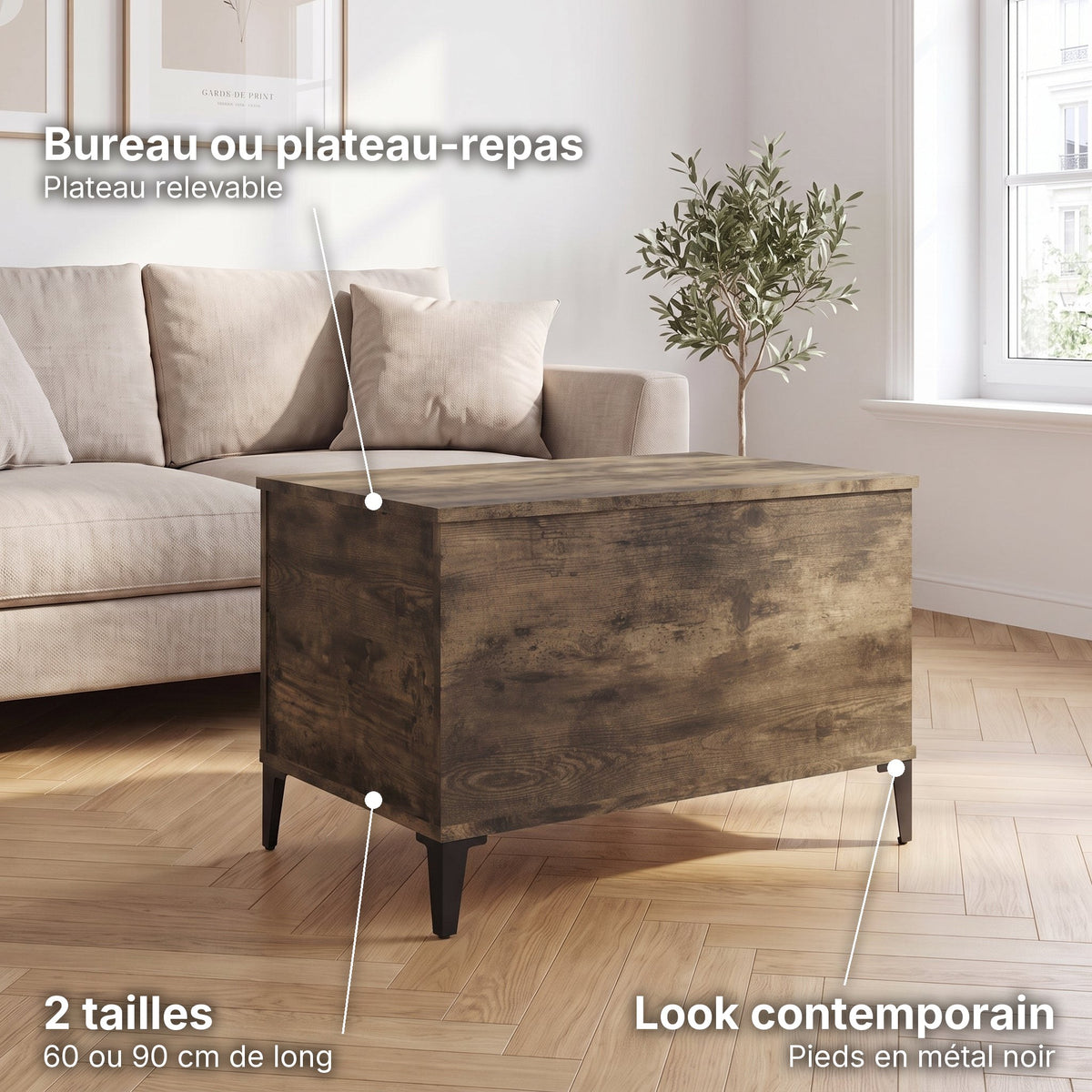 Petite table basse relevable pieds métal Elva 60 × 44,5 × 45 cm , chêne fumé : bureau ou plateau-repas (Plateau relevable), look contemporain (Pieds en métal noir), 2 tailles (60 ou 90 cm de long) #Dimensions_60 × 44,5 × 45 cm #Couleur_Chêne fumé