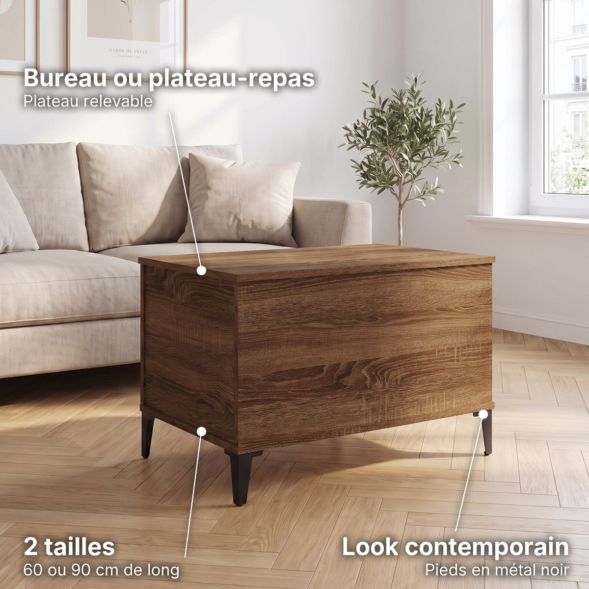 Petite table basse relevable pieds métal Elva 60 × 44,5 × 45 cm , chêne marron : bureau ou plateau-repas (Plateau relevable), look contemporain (Pieds en métal noir), 2 tailles (60 ou 90 cm de long) #Dimensions_60 × 44,5 × 45 cm #Couleur_Chêne marron