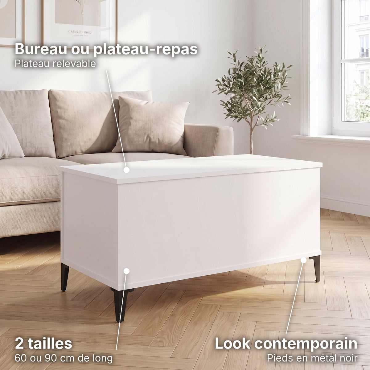 Petite table basse relevable pieds métal Elva 90 × 44,5 × 45 cm , blanc : bureau ou plateau-repas (Plateau relevable), look contemporain (Pieds en métal noir), 2 tailles (60 ou 90 cm de long) #Dimensions_90 × 44,5 × 45 cm #Couleur_Blanc