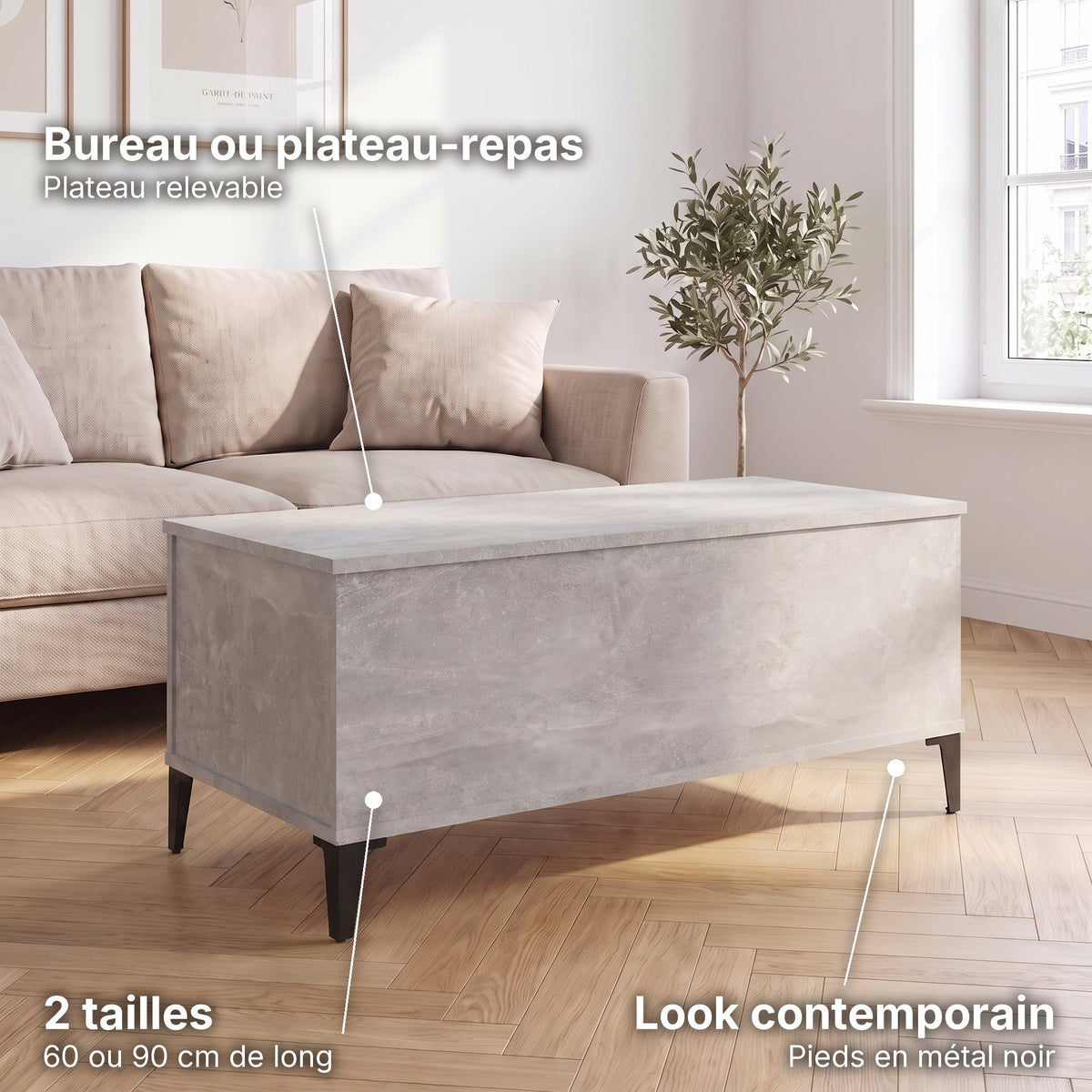 Petite table basse relevable pieds métal Elva 90 × 44,5 × 45 cm , gris béton : bureau ou plateau-repas (Plateau relevable), look contemporain (Pieds en métal noir), 2 tailles (60 ou 90 cm de long) #Dimensions_90 × 44,5 × 45 cm #Couleur_Gris béton