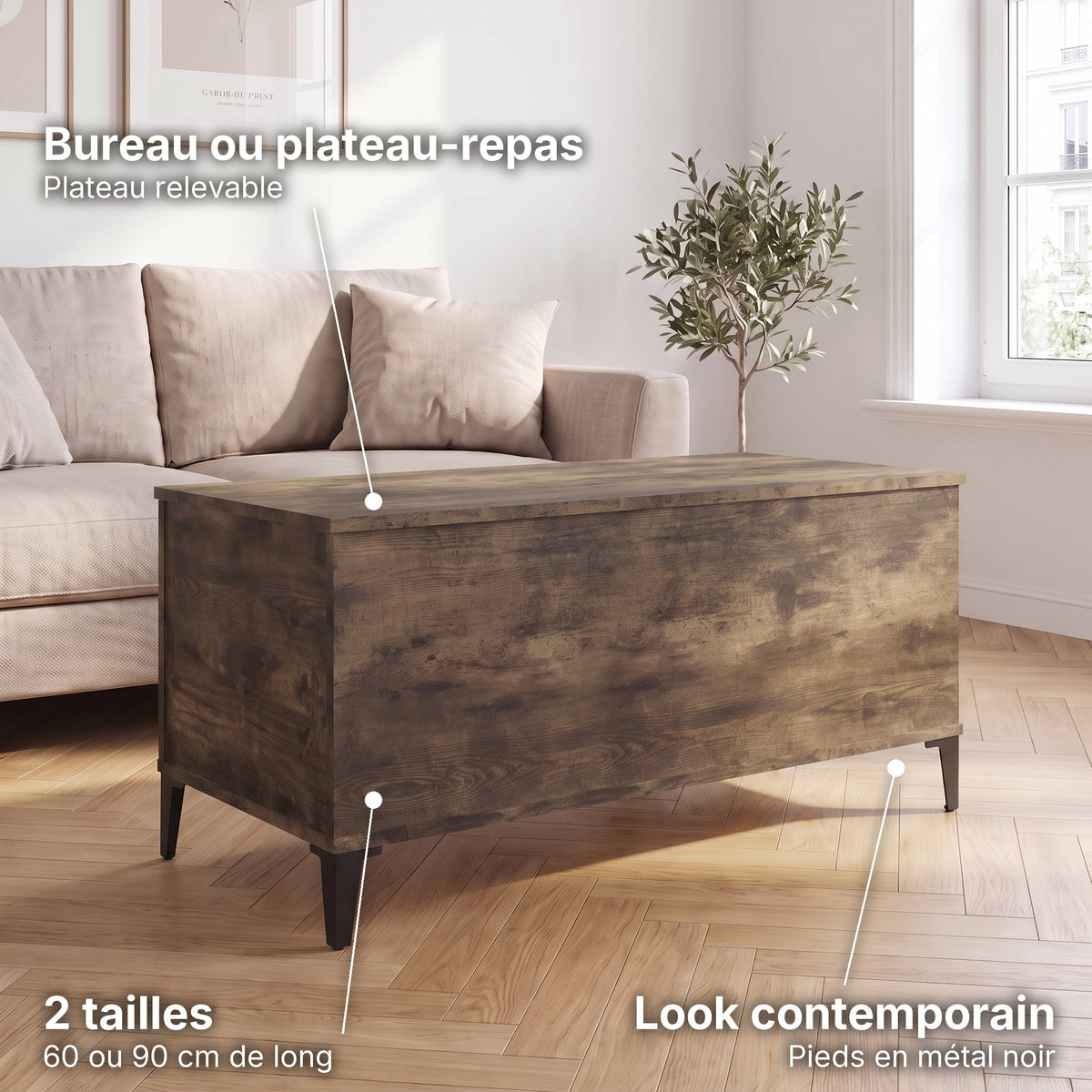 Petite table basse relevable pieds métal Elva 90 × 44,5 × 45 cm , chêne fumé : bureau ou plateau-repas (Plateau relevable), look contemporain (Pieds en métal noir), 2 tailles (60 ou 90 cm de long) #Dimensions_90 × 44,5 × 45 cm #Couleur_Chêne fumé
