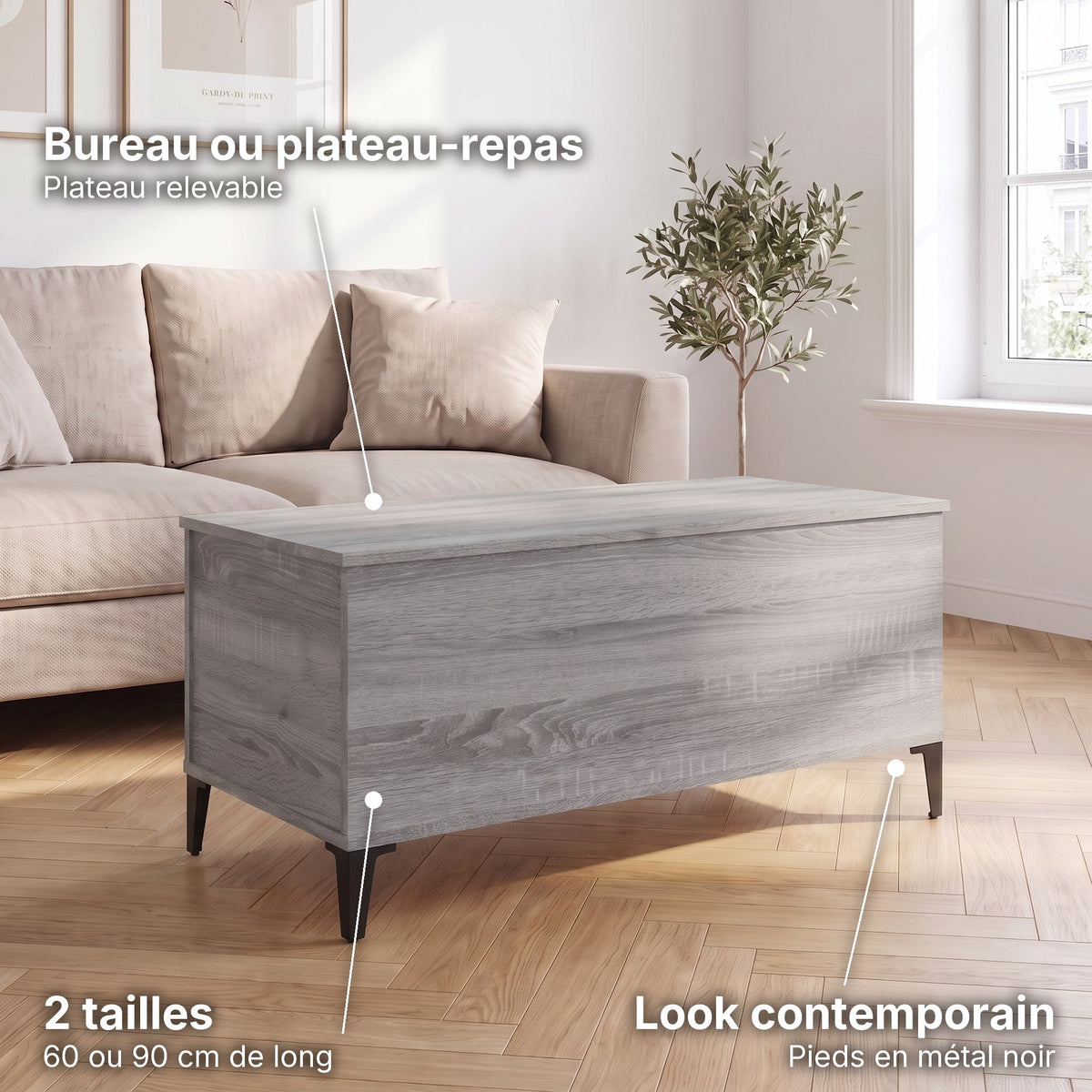 Petite table basse relevable pieds métal Elva 90 × 44,5 × 45 cm , sonoma gris : bureau ou plateau-repas (Plateau relevable), look contemporain (Pieds en métal noir), 2 tailles (60 ou 90 cm de long) #Dimensions_90 × 44,5 × 45 cm #Couleur_Sonoma gris