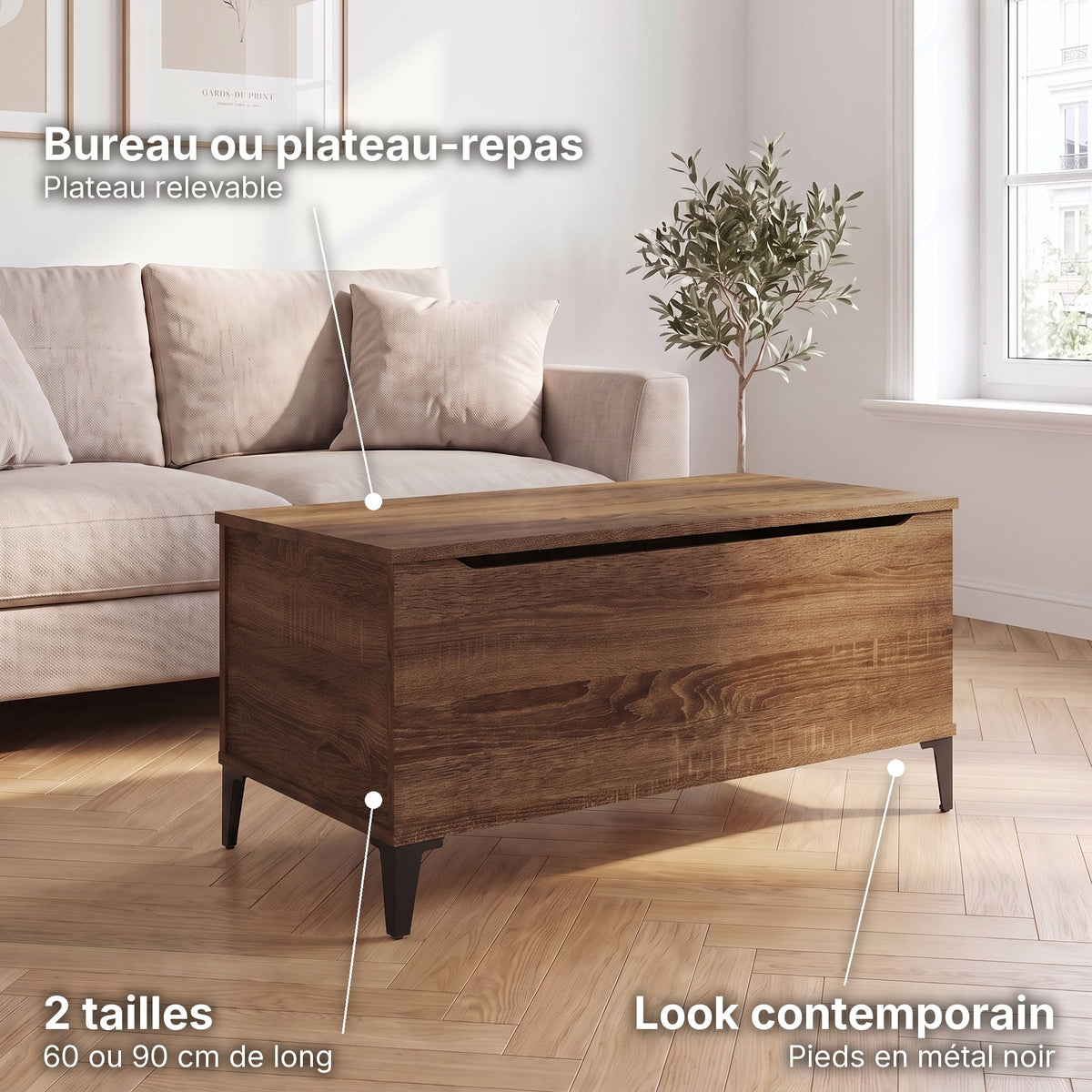 Petite table basse relevable pieds métal Elva 90 × 44,5 × 45 cm , chêne marron : bureau ou plateau-repas (Plateau relevable), look contemporain (Pieds en métal noir), 2 tailles (60 ou 90 cm de long) #Dimensions_90 × 44,5 × 45 cm #Couleur_Chêne marron