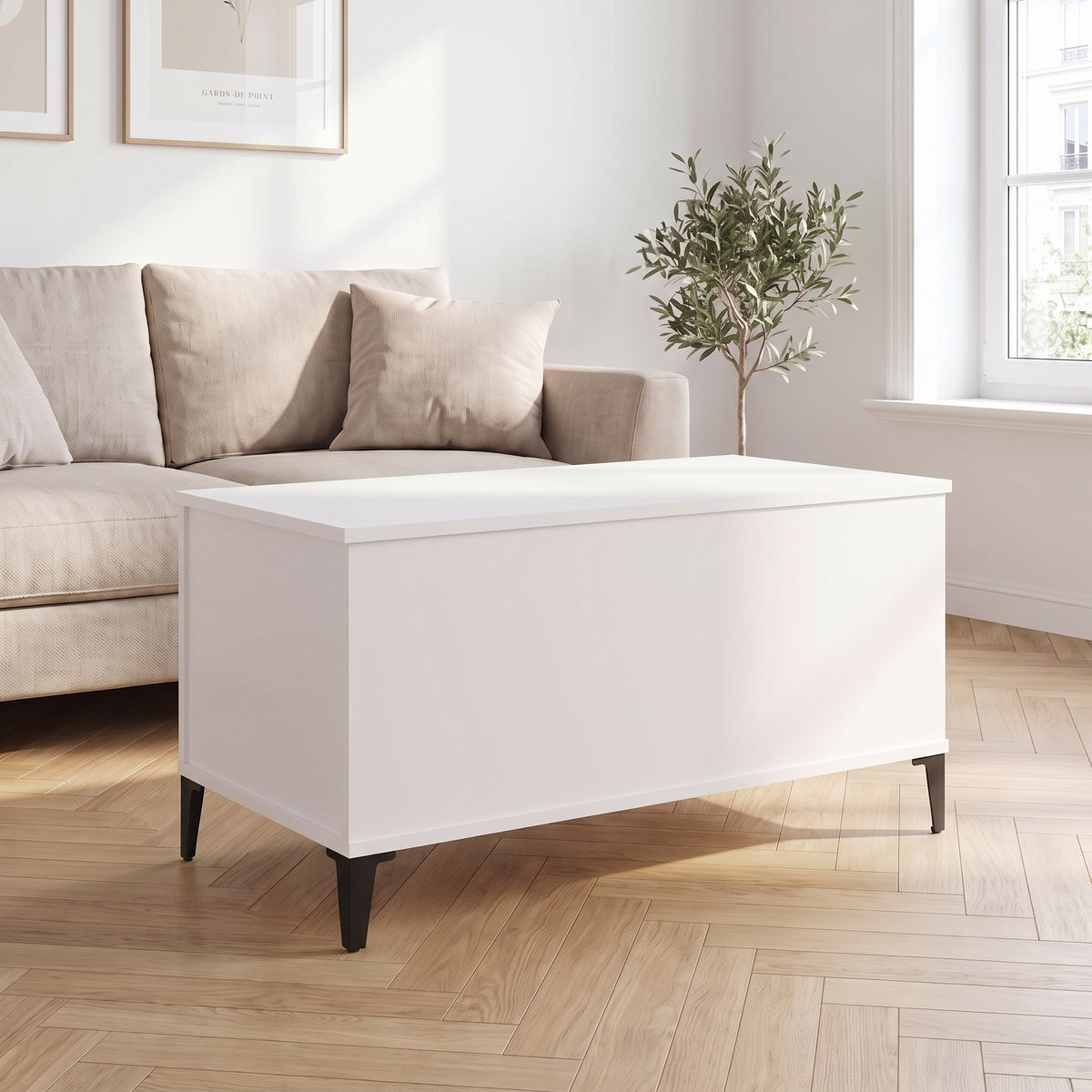Table basse relevable Elva blanc dans un salon lumineux #Dimensions_90 × 44,5 × 45 cm #Couleur_Blanc