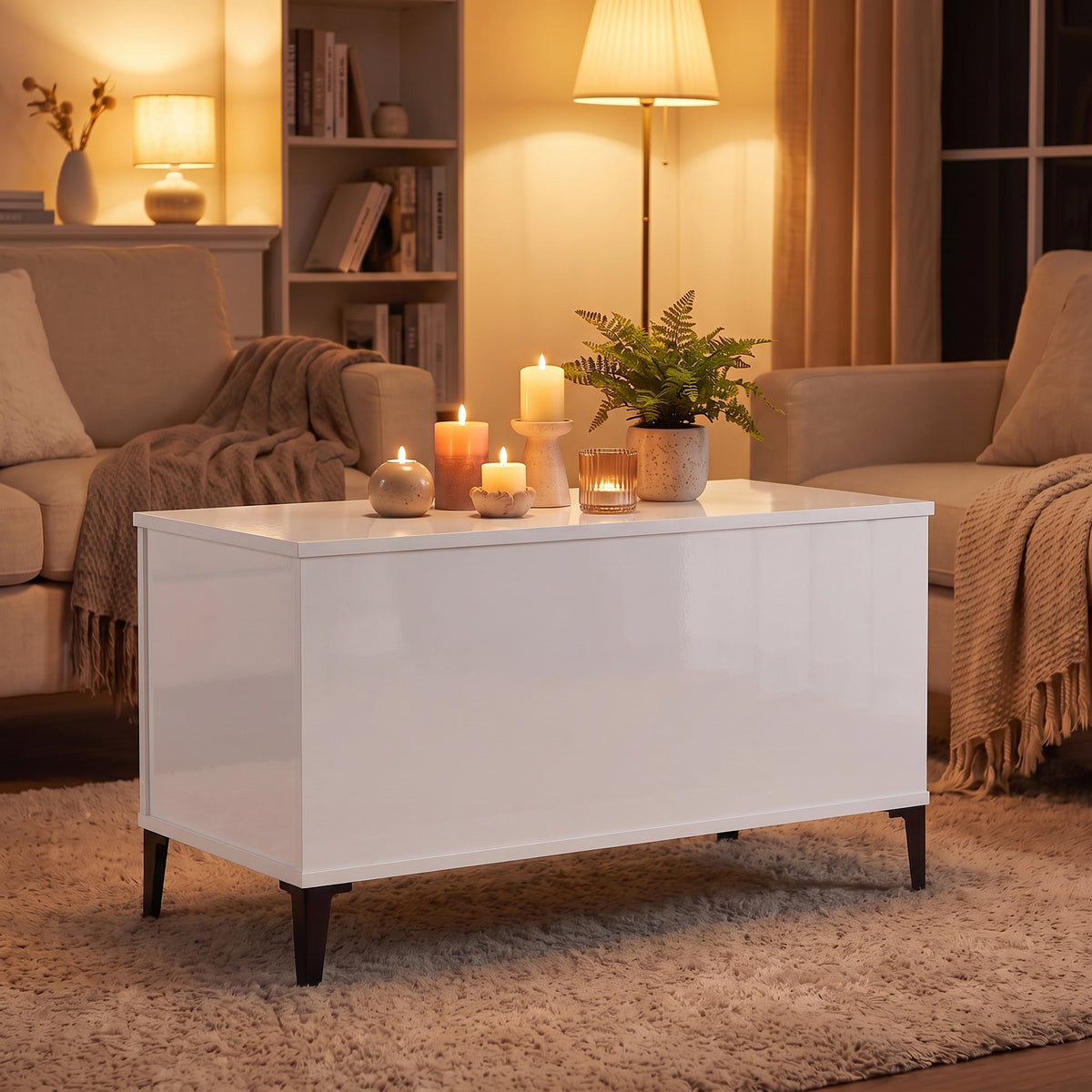 Table basse relevable Elva blanc brillant, ambiance du soir aux bougies #Dimensions_90 × 44,5 × 45 cm #Couleur_Blanc brillant