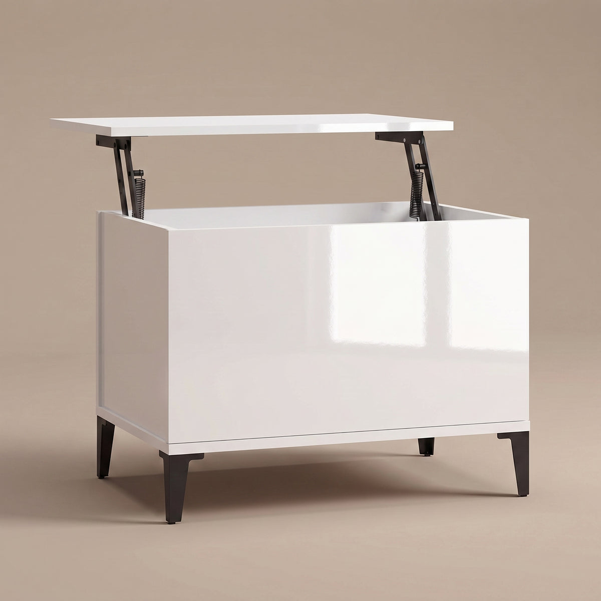 Table basse relevable Elva blanc brillant, plateau relevé sur double mécanisme à ressorts #Dimensions_60 × 44,5 × 45 cm #Couleur_Blanc brillant