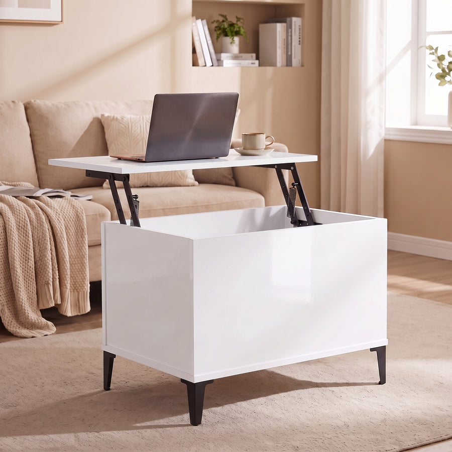 Table basse relevable Elva blanc brillant, plateau relevé en bureau d’appoint