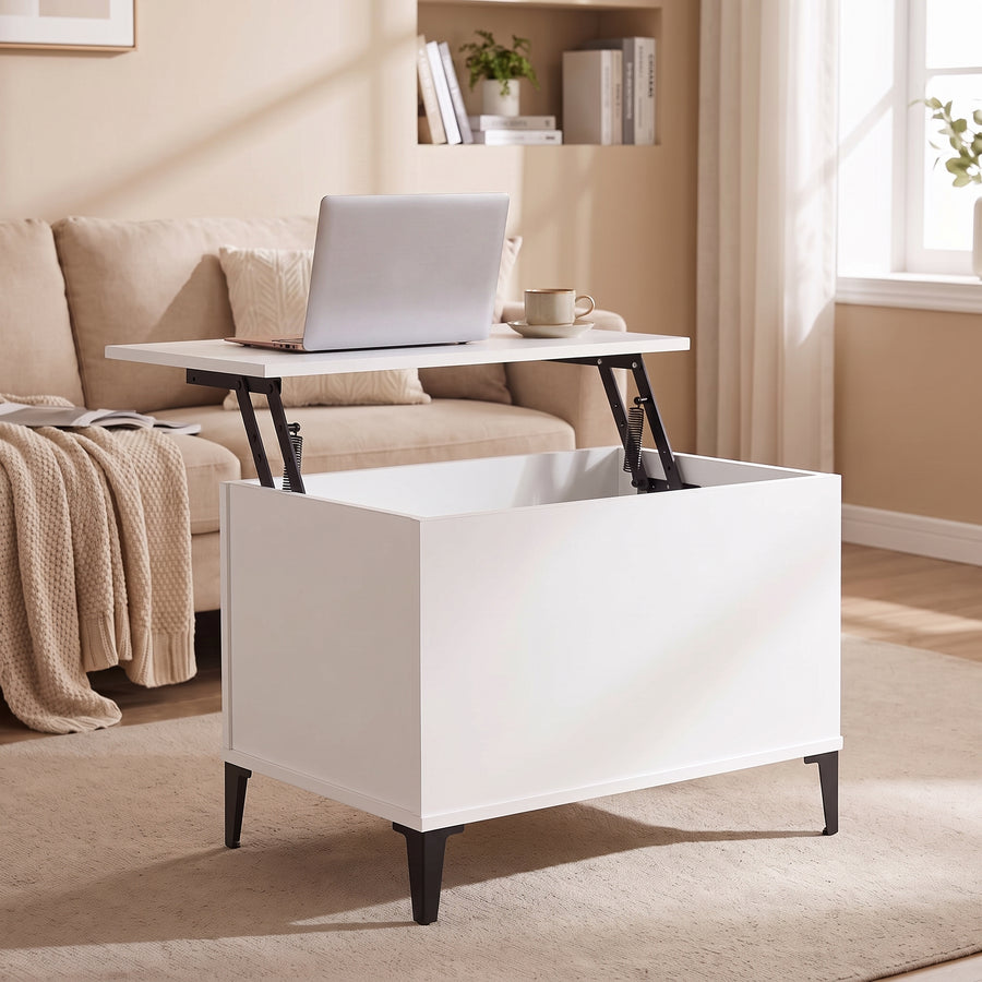 Table basse relevable Elva blanc, plateau relevé en bureau d’appoint