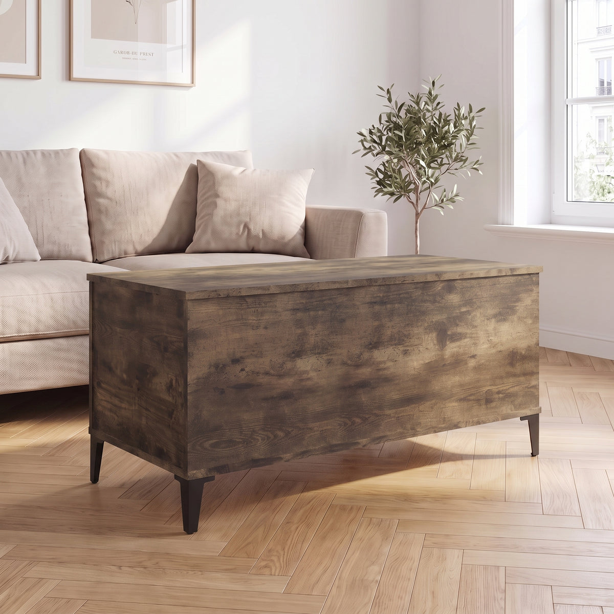 Table basse relevable Elva chêne fumé dans un salon lumineux #Dimensions_90 × 44,5 × 45 cm #Couleur_Chêne fumé