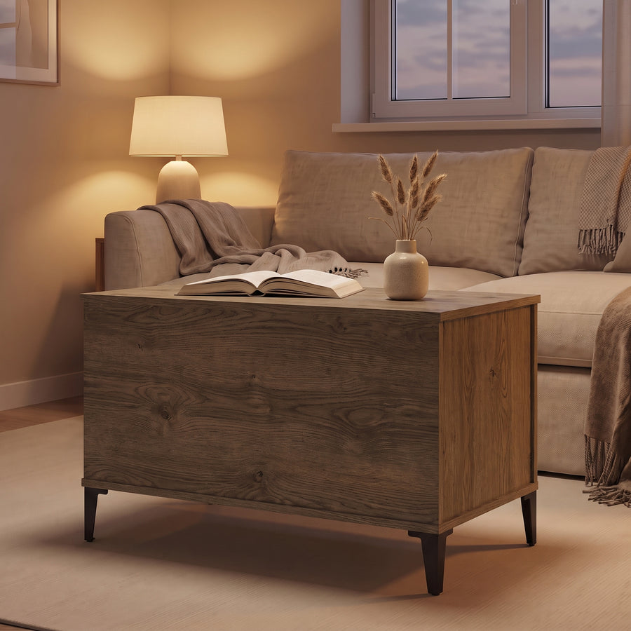 Table basse relevable Elva chêne fumé fermée, salon au crépuscule