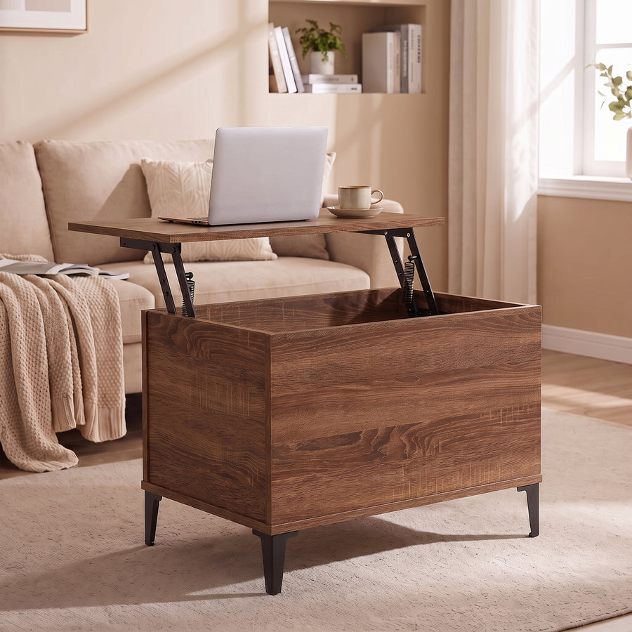 Table basse relevable Elva chêne marron, plateau relevé en bureau d’appoint