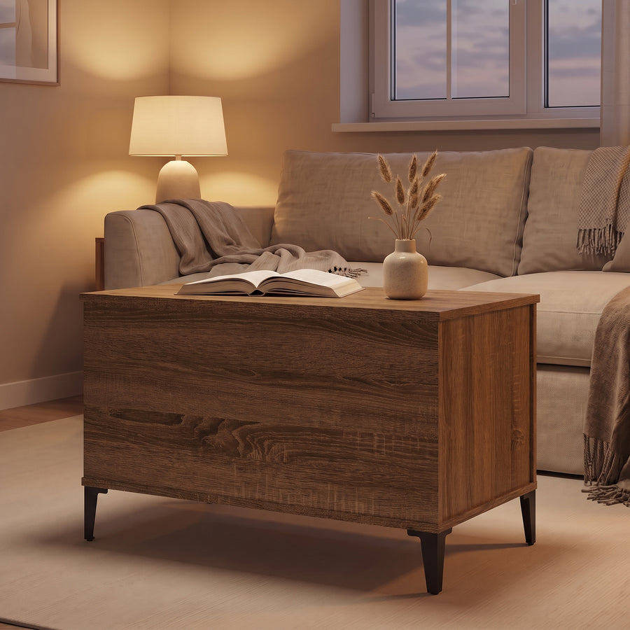 Table basse relevable Elva chêne marron fermée, salon au crépuscule