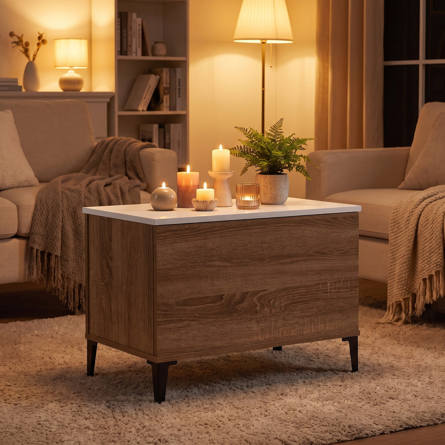 Table basse relevable Elva chêne marron, ambiance du soir aux bougies
