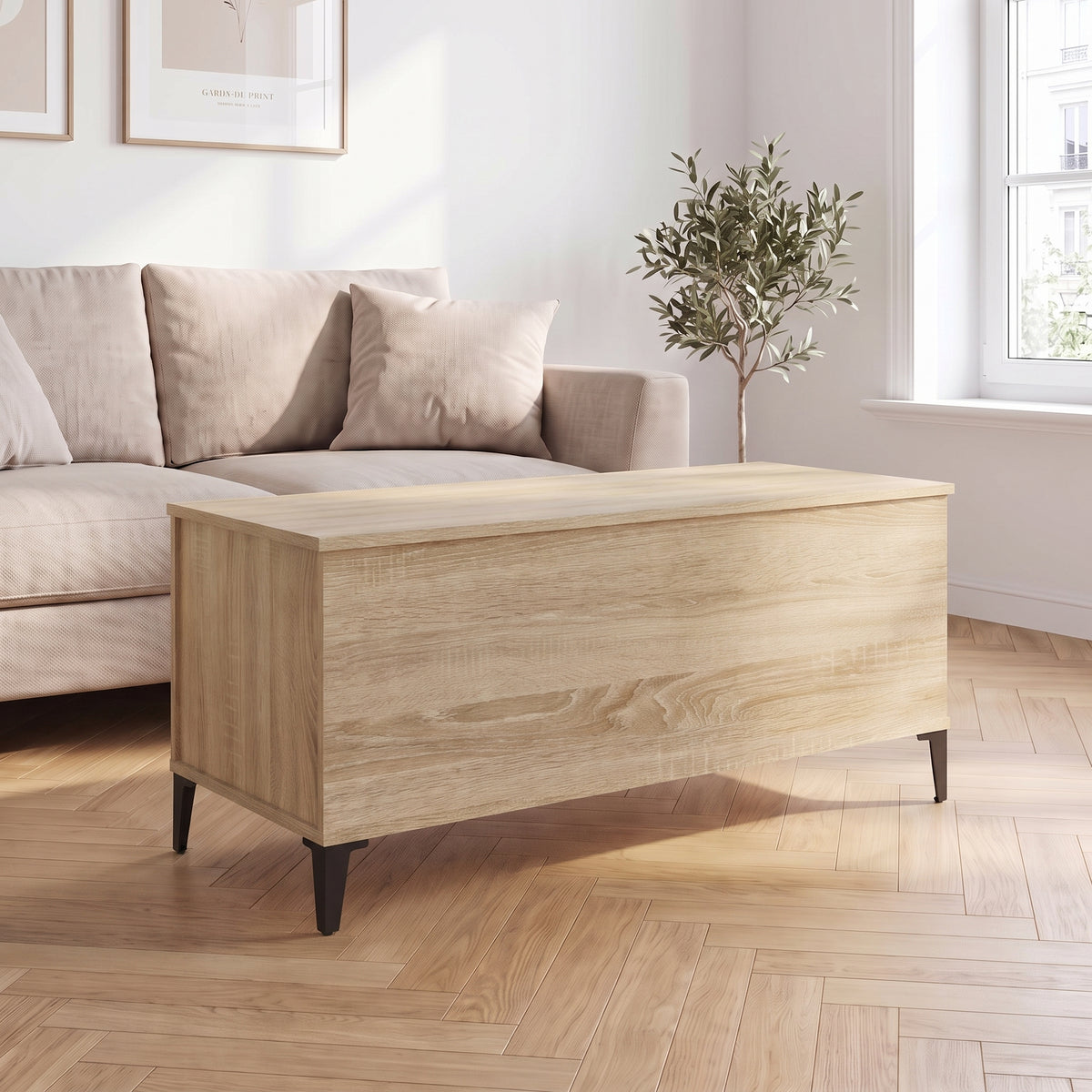 Table basse relevable Elva chêne sonoma dans un salon lumineux #Dimensions_90 × 44,5 × 45 cm #Couleur_Chêne sonoma