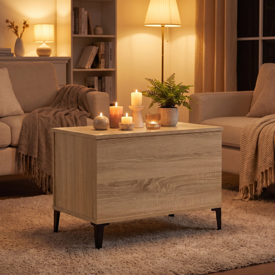 Table basse relevable Elva chêne sonoma, ambiance du soir aux bougies