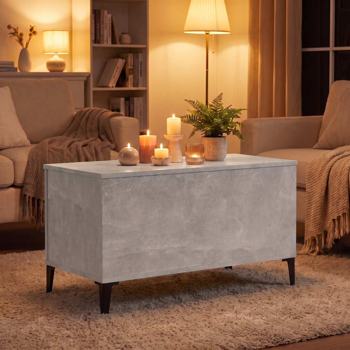 Table basse relevable Elva gris béton, ambiance du soir aux bougies #Dimensions_90 × 44,5 × 45 cm #Couleur_Gris béton