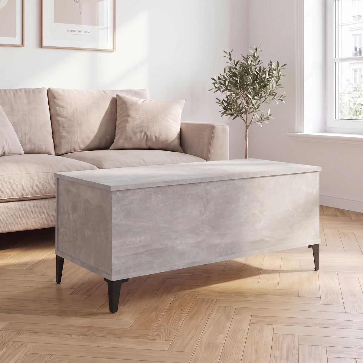 Table basse relevable Elva gris béton dans un salon lumineux #Dimensions_90 × 44,5 × 45 cm #Couleur_Gris béton