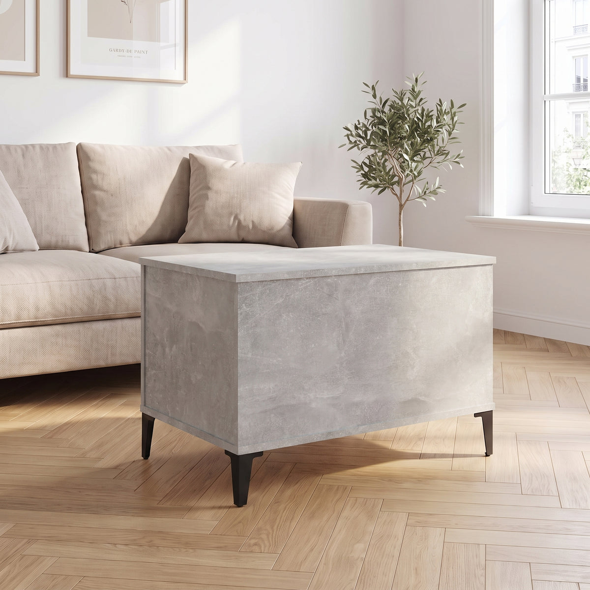 Table basse relevable Elva gris béton dans un salon lumineux #Dimensions_60 × 44,5 × 45 cm #Couleur_Gris béton
