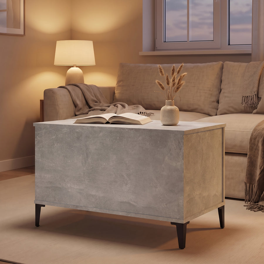 Table basse relevable Elva gris béton fermée, salon au crépuscule