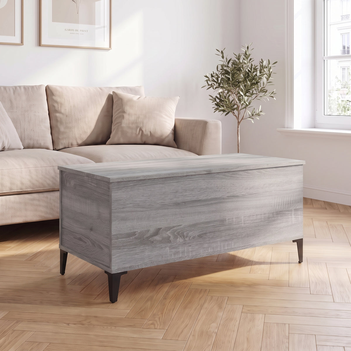 Table basse relevable Elva sonoma gris dans un salon lumineux #Dimensions_90 × 44,5 × 45 cm #Couleur_Sonoma gris