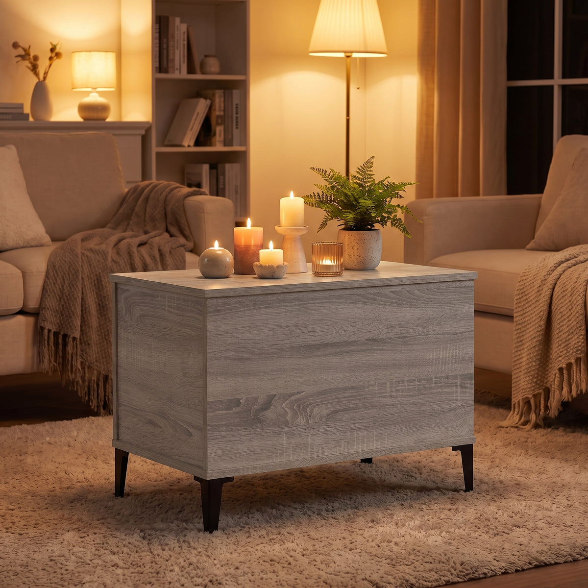 Table basse relevable Elva sonoma gris, ambiance du soir aux bougies #Dimensions_60 × 44,5 × 45 cm #Couleur_Sonoma gris