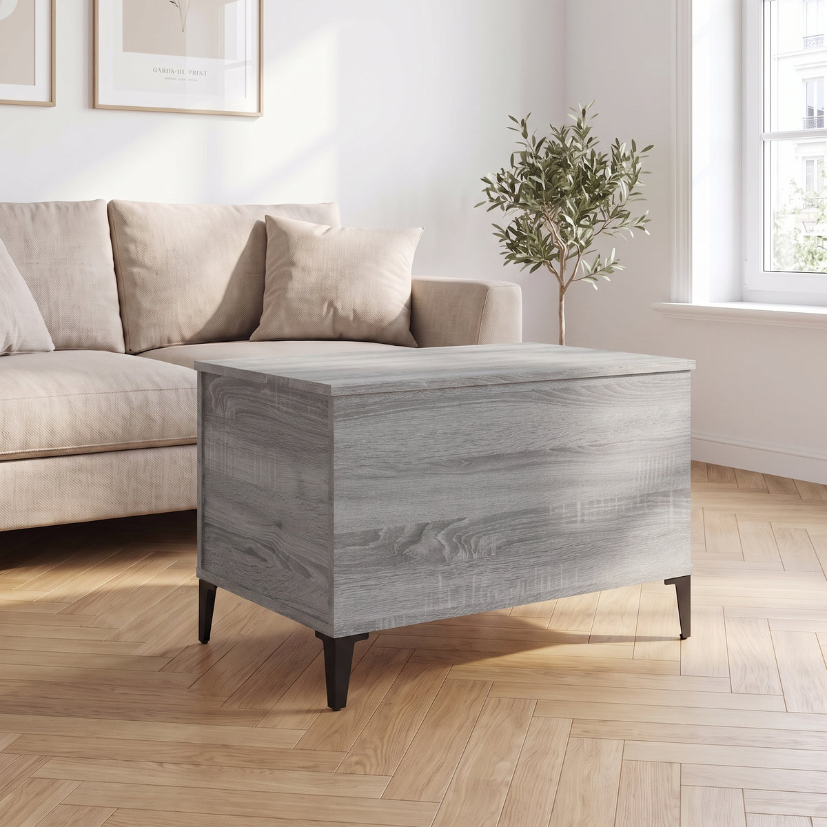 Table basse relevable Elva sonoma gris dans un salon lumineux #Dimensions_60 × 44,5 × 45 cm #Couleur_Sonoma gris