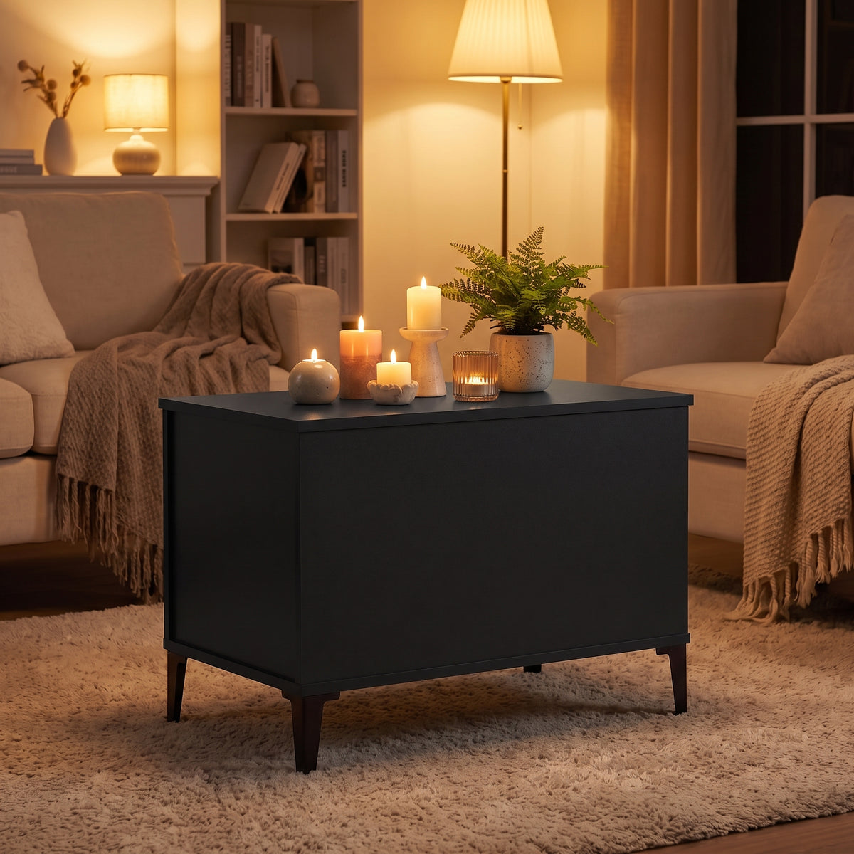 Table basse relevable Elva noir, ambiance du soir aux bougies #Dimensions_60 × 44,5 × 45 cm #Couleur_Noir