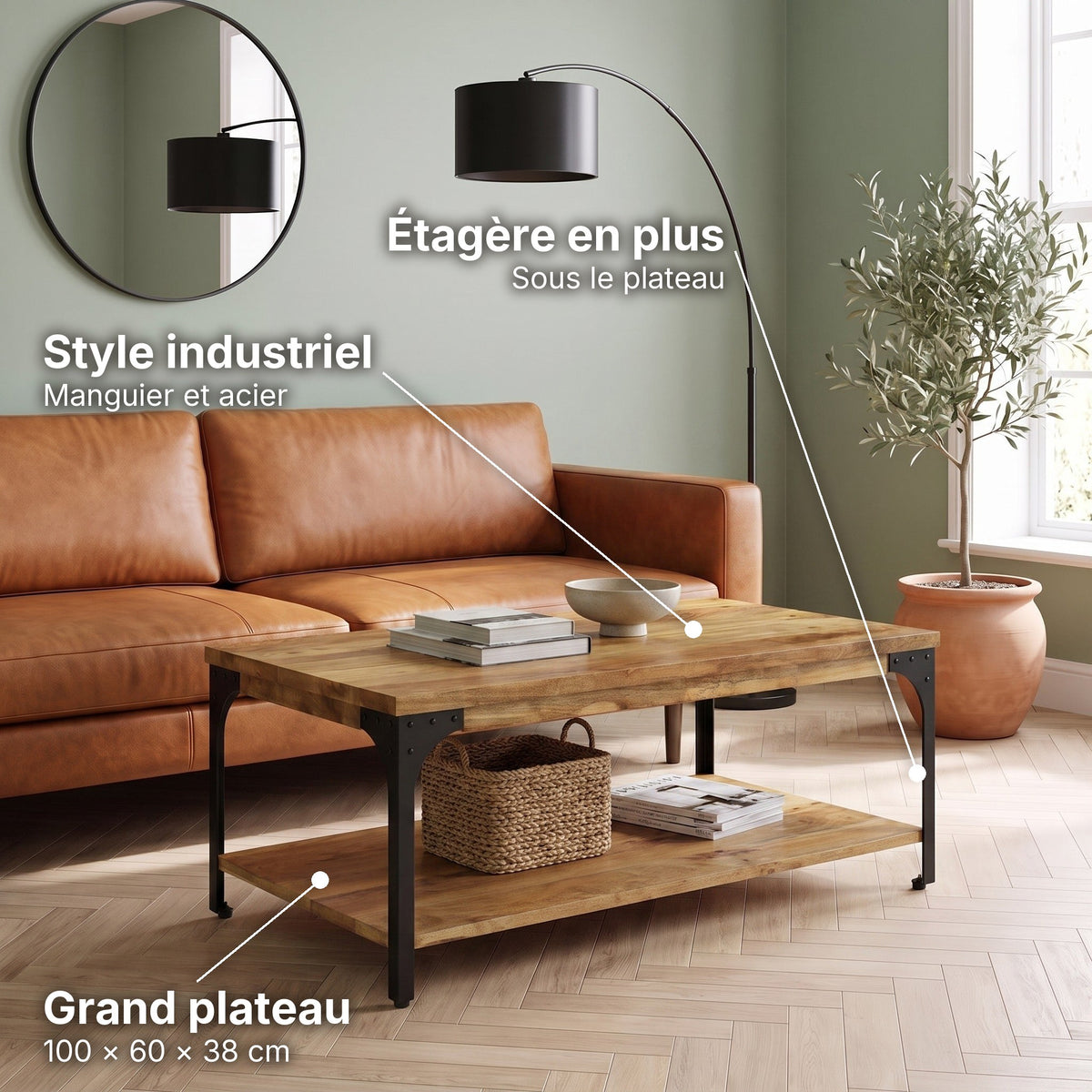 Table basse industrielle en manguier et métal Forgia bois artisanal : style industriel (Manguier et acier), étagère en plus (Sous le plateau), grand plateau (100 × 60 × 38 cm) #Couleur_Bois artisanal