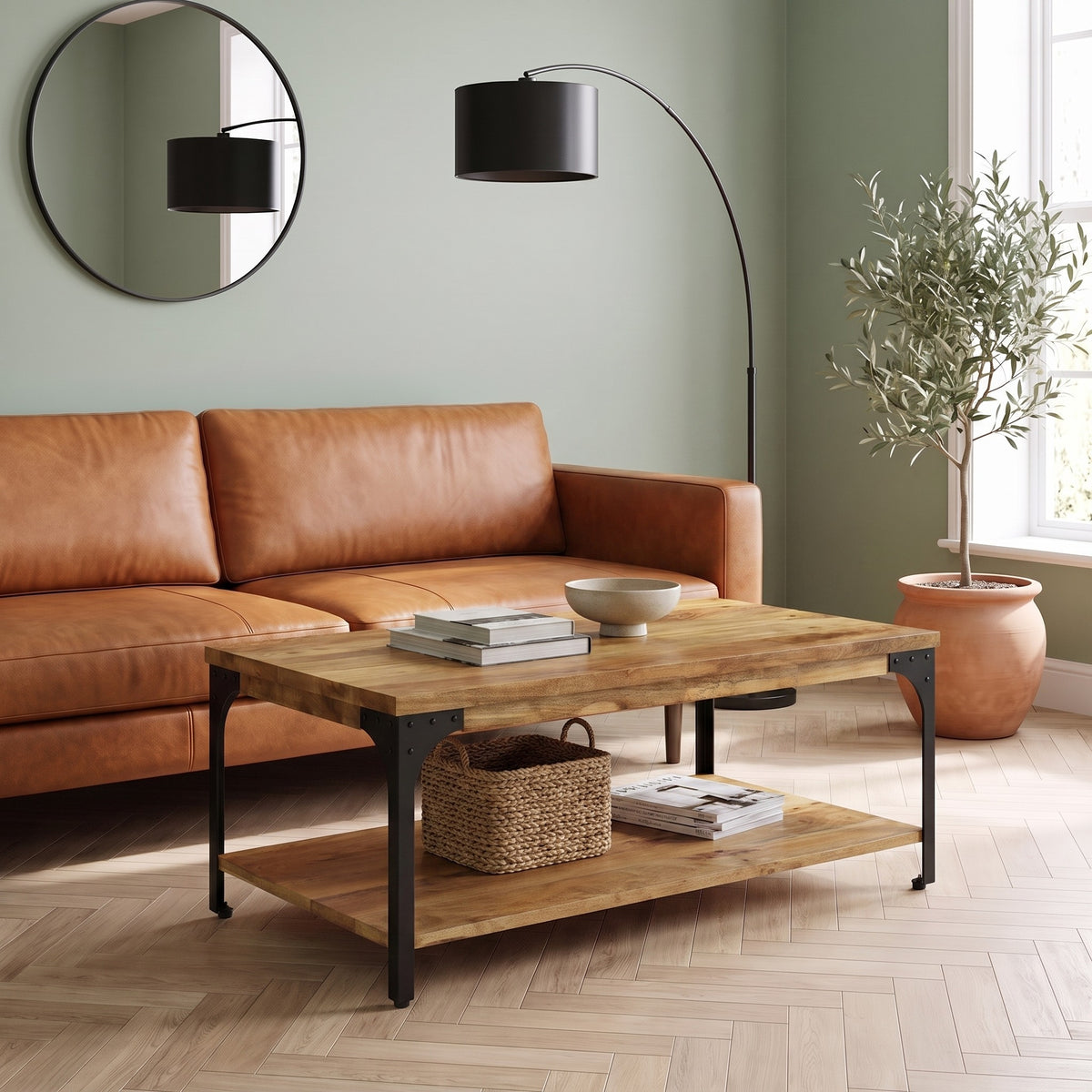 Table bois et acier Forgia, bois artisanal – en situation dans un salon #Couleur_Bois artisanal