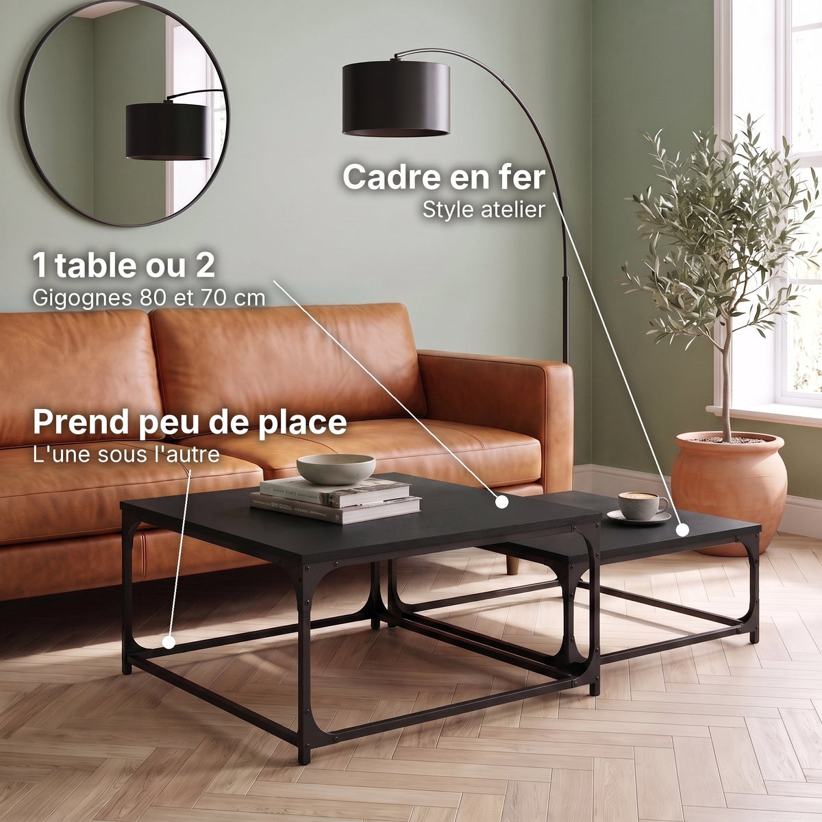 Tables basses gigognes carrées Gemella noir : 1 table ou 2 (Gigognes 80 et 70 cm), cadre en fer (Style atelier), prend peu de place (L'une sous l'autre) #Couleur_Noir
