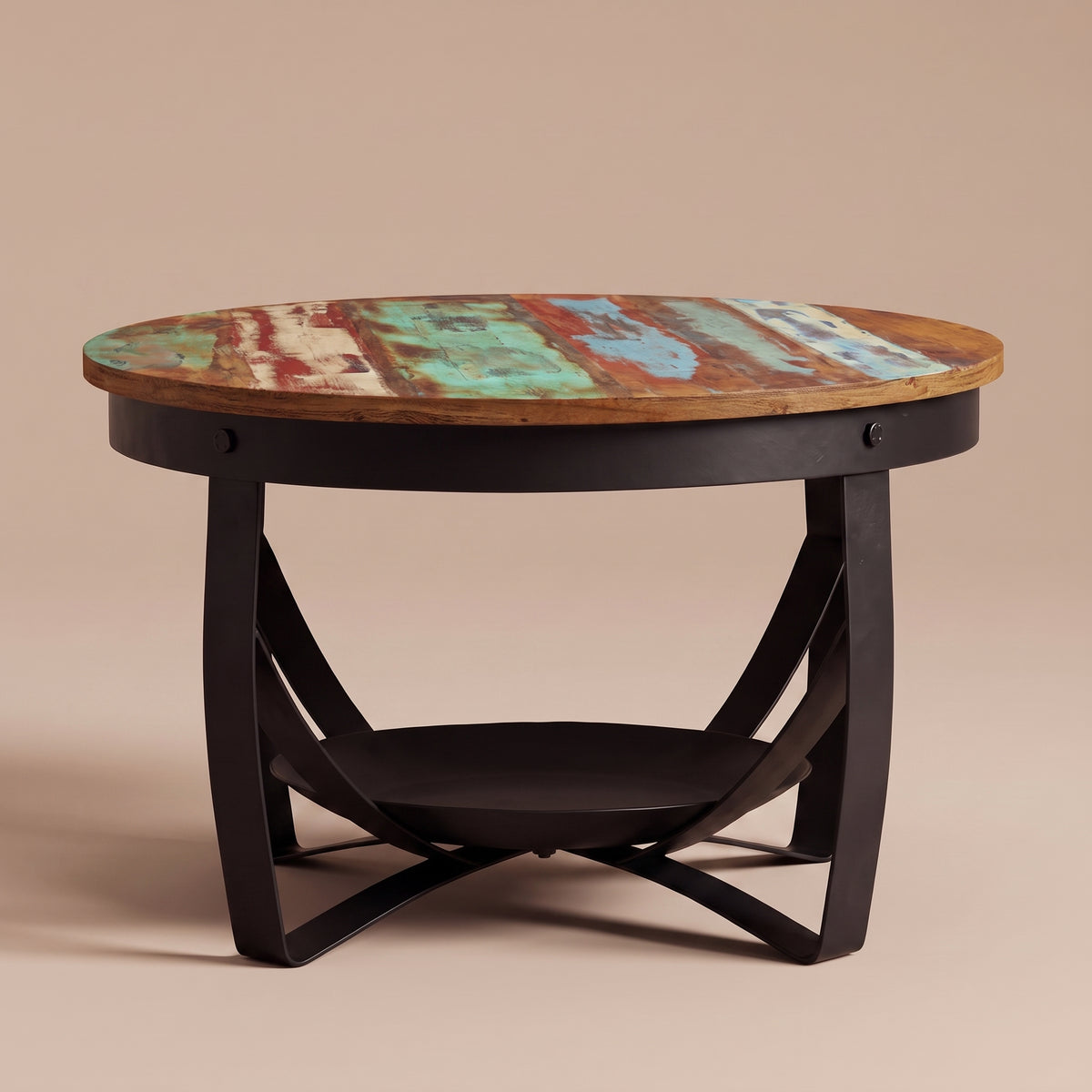 Table Halo bois coloré, plateau manguier sur anneau de fer noir, profil #Couleur_Bois coloré